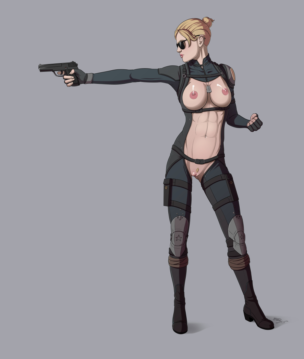 1girls, 2d, abs, areola, blonde hair, bodysuit, boots, breasts, cassie cage, clenched fist, dog tags, female, fingerless gloves, gun, hair, hair bun, holster, knee pads, large breasts, mortal kombat, mortal kombat x, navel, netherrealm studios, nipples, open clothes, piratepup, pussy, simple background, solo, standing, sunglasses, tinted eyewear, weapon