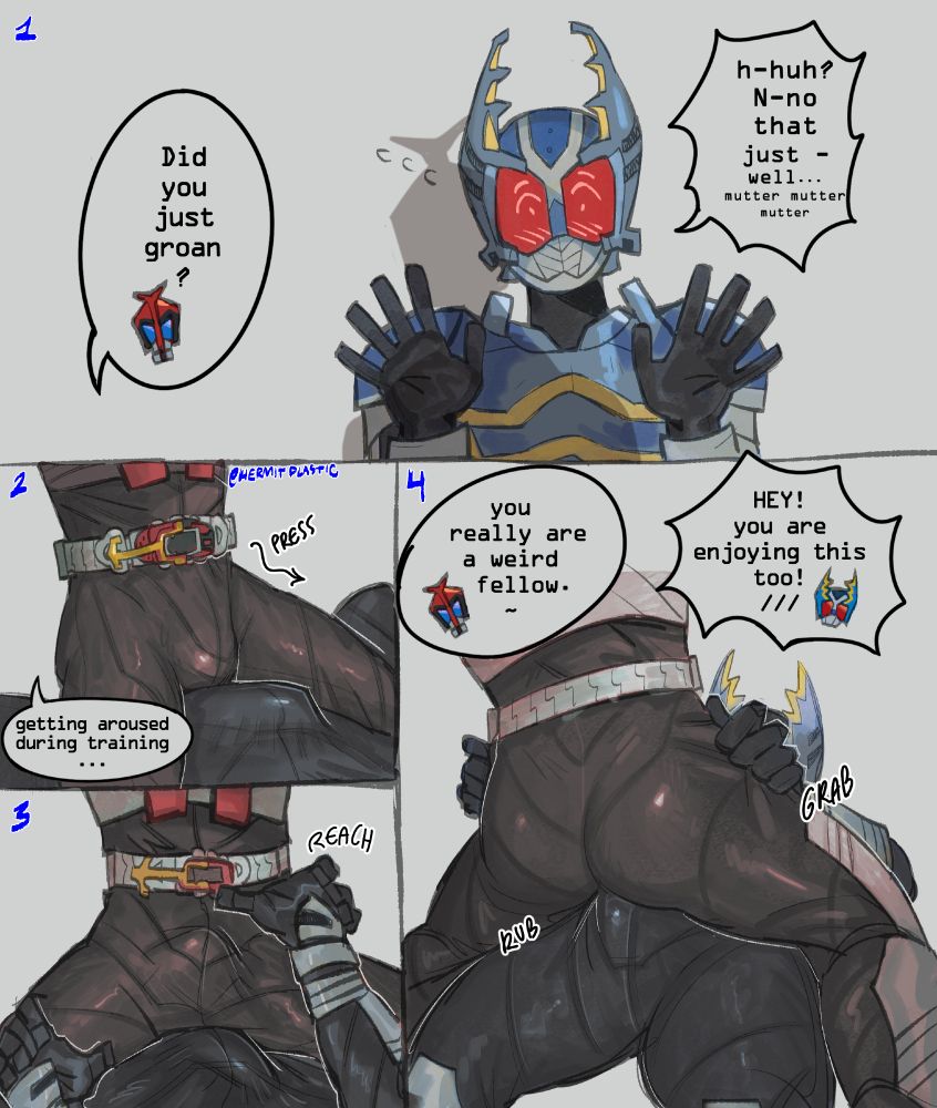 2boys armor armored_male belt blue_armor blush blush blush_lines bodysuit comic comic_page continuation dry_humping embarrassed english_text erect_penis erection erection_under_bodysuit frottage gay grabbing grabbing_hips hands_up helmet hermitplastic humping kamen_rider kamen_rider_gatack kamen_rider_kabuto kamen_rider_kabuto_(series) lying lying_down lying_on_back male male/male male_focus male_only mask masked masked_male on_ground pov red_armor shadow sweat sweatdrop text training yaoi
