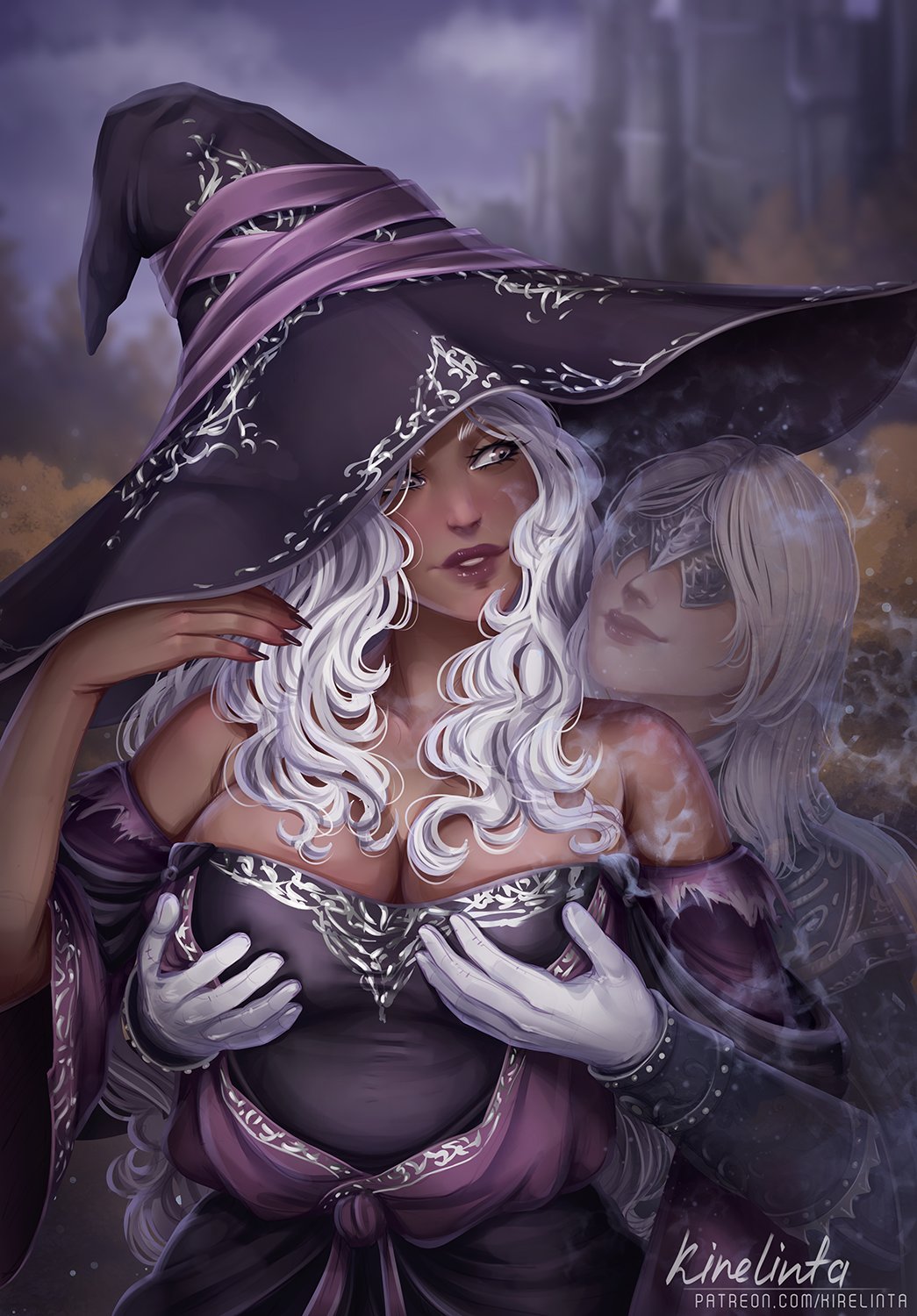 2girls, big breasts, blonde female, blonde hair, breast grab, breast grab from behind, breasts, cleavage, dark skin, dark-skinned female, duchess (nightreign), elden ring, elden ring nightreign, female, fromsoftware, groping breasts, groping from behind, invisible, kirelinta, lesbian, light skin, light-skinned female, recluse (nightreign), romantic, white hair, white-haired female, wholesome, witch, witch hat, yuri