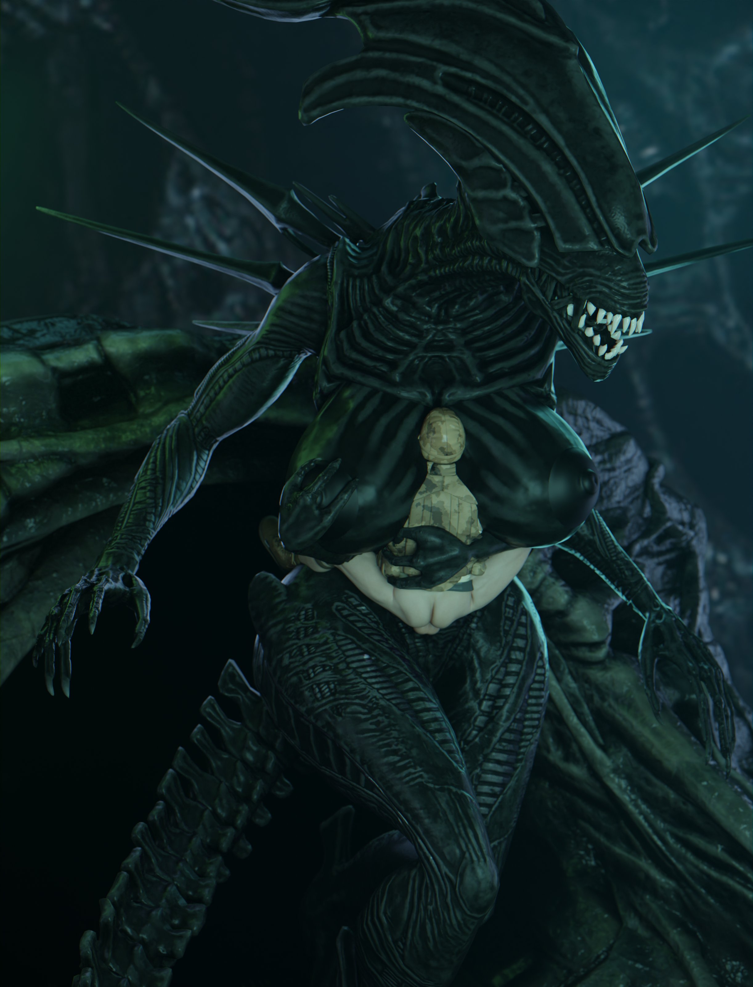 1boy, 1girls, 3d, 3d (artwork), alien, alien (franchise), alien girl, balls, breasts, carrying, colonial marine, female, female xenomorph, femomorph, giantess, human male, interspecies, larger female, male, monster, monster girl, penis, size difference, vensaku, xenomorph, xenomorph queen, xenomorph tail