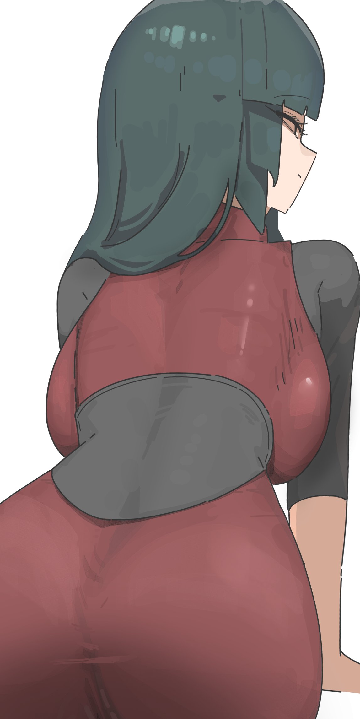 arm_support ass ass_focus azz0422 back black_sash blunt_bangs breasts female from_behind green_hair highres large_breasts long_hair nintendo pencil_skirt pokemon pokemon_lgpe sabrina_(pokemon) sash skirt solo straight_hair three-quarter_sleeves upper_body