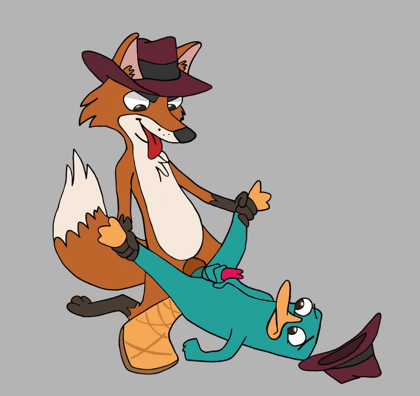agent_f_(phineas_and_ferb) anthro canid cannie disney disney_channel disney_xd duo feral forked_penis fox fur genitals hi_res male male/male mammal monotreme penis perry_the_platypus phineas_and_ferb platypus red_fox teal_body teal_fur true_fox unknown_artist walt_disney_television_animation