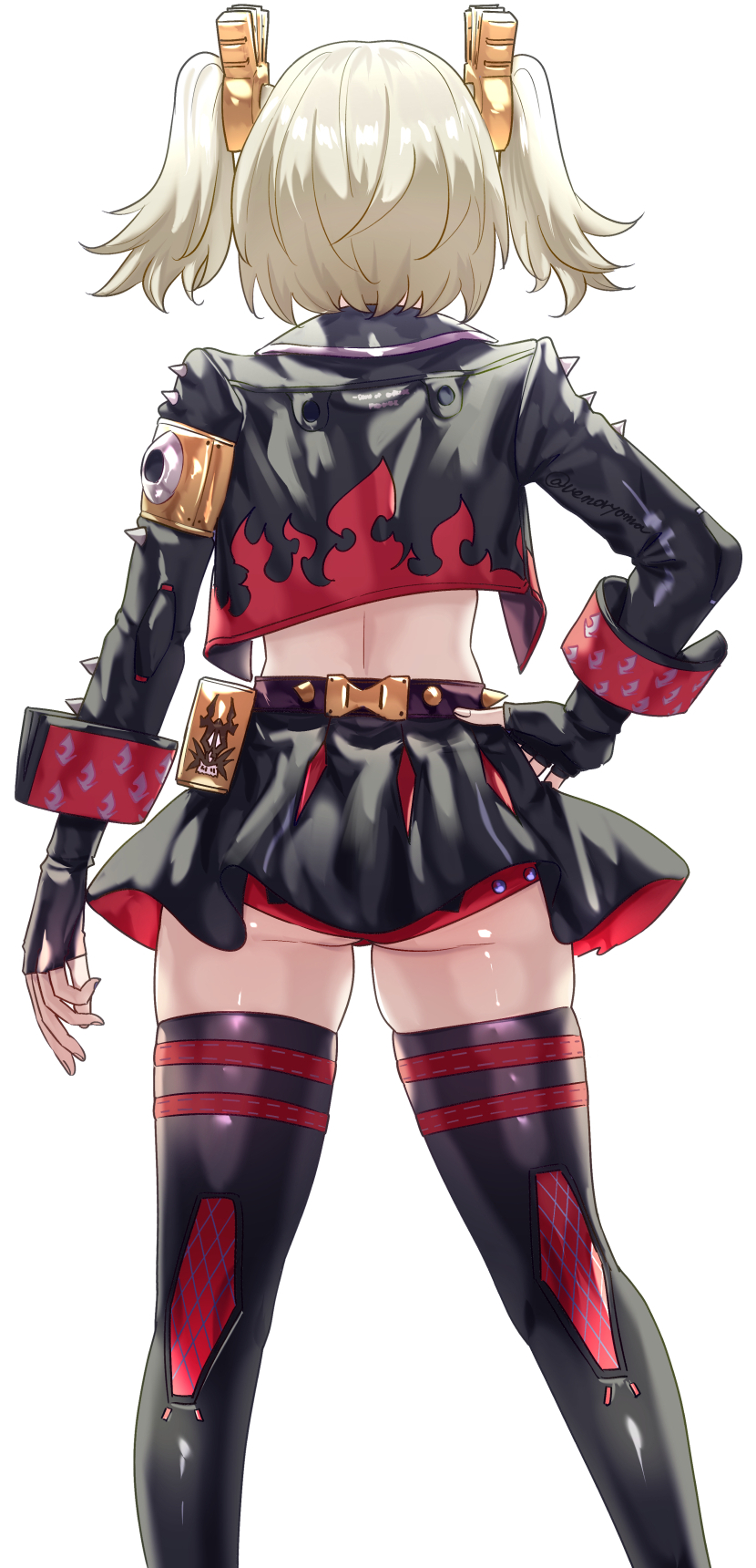1girls, ass, black jacket, black panties, black skirt, black thighhighs, blonde hair, burnice white, clothed, female, female only, fingerless gloves, flame print, from behind, gloves, hand on own hip, highres, jacket, midriff, miniskirt, panties, simple background, skirt, solo, spiked belt, spiked jacket, thighhighs, two side up, uenoryoma, underwear, white background, zenless zone zero