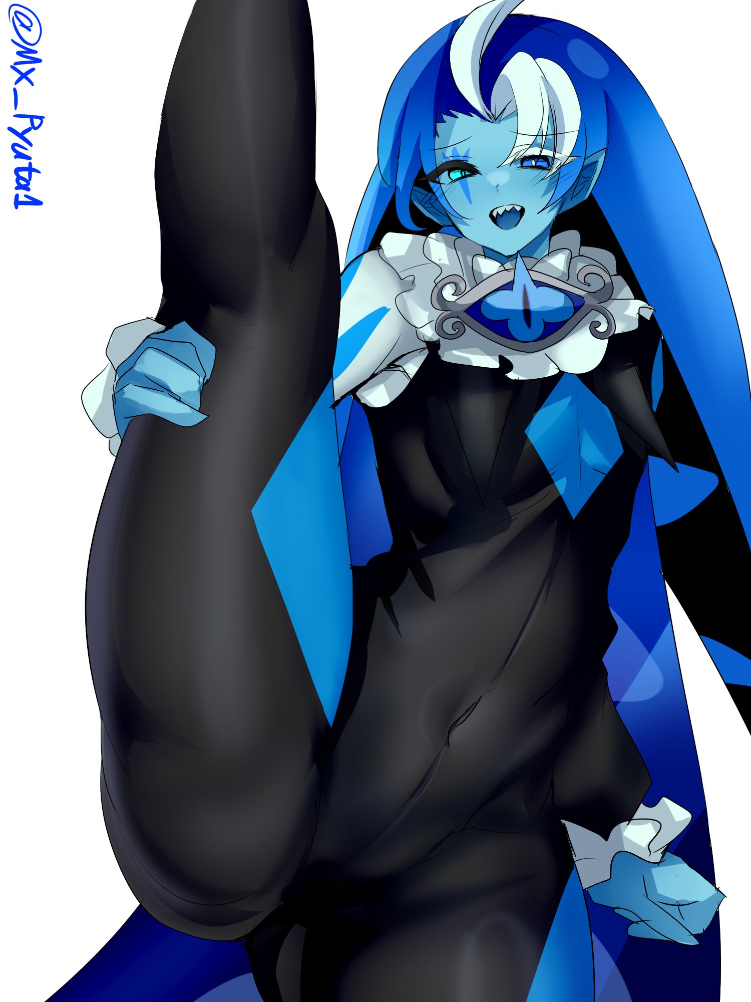 cookie run, femboy, fully clothed, leg grab, leg up, legs apart, male, mx pyuta1, shadow milk cookie, smile, thick thighs, thighs