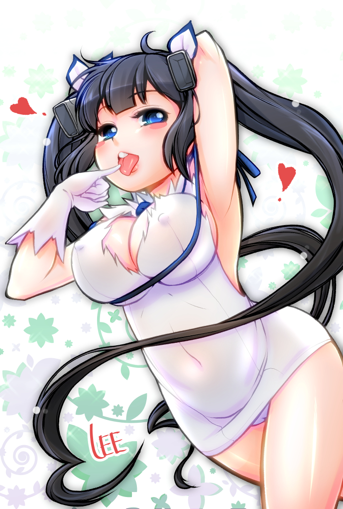 arm_ribbon arm_up armpits black_hair blue_eyes blue_ribbon blush breasts cleavage cleavage_cutout dress dungeon_ni_deai_wo_motomeru_no_wa_machigatteiru_darou_ka erect_nipples female gloves hair_ornament hair_ribbon heart hestia_(danmachi) large_breasts lee_(colt) long_hair looking_at_viewer rei_no_himo ribbon solo tied_hair tongue tongue_out twintails white_dress white_gloves