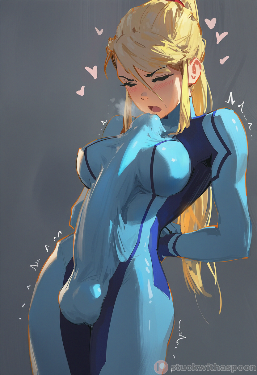 1futa, ai assisted, ai generated, autofellatio, autopaizuri, autopaizuri under clothes, blonde hair, blue bodysuit, erection, erection under clothes, futanari, huge cock, intersex, metroid, penis, samus aran, skintight, stuckwithaspoon, zero suit, zero suit samus