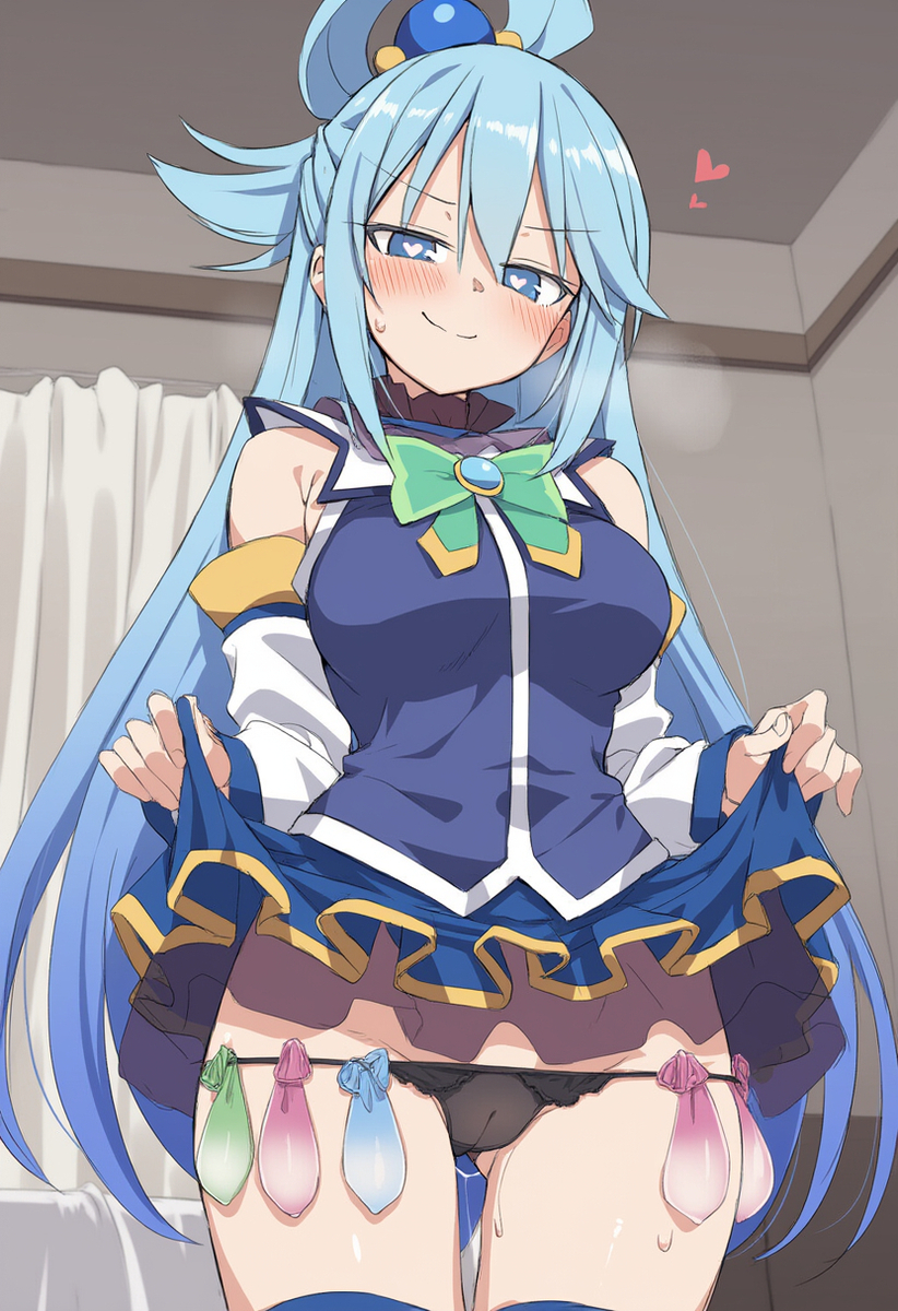 ai generated, aqua (konosuba), cheating, condom, condom belt, cuckold, cuckold pov, cuckolding, cum, kono subarashii sekai ni shukufuku wo!, looking at viewer, netorare, ntr, tagme