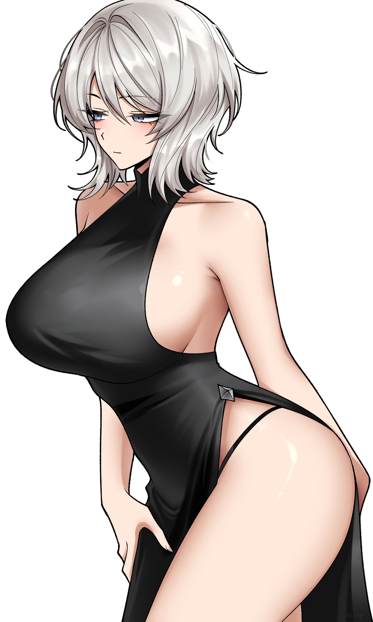 1girls, ass, big breasts, black dress, blue eyes, breasts, clothed female, faust (limbus company), female, grey hair, light skin, light-skinned female, limbus company, project moon, sideass, sideboob, silver hair, solo, solo female, thick thighs, thighs, vvernerluniq, white background, white hair