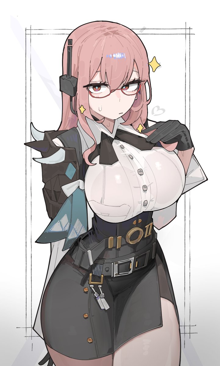 1girls, armor, azz0422, black gloves, black skirt, blush, breasts, clothed, commission, female, female only, glasses, gloves, hair between eyes, high-waist skirt, highres, large breasts, long hair, looking at viewer, pencil skirt, pink eyes, pink hair, shoulder armor, sidelocks, skirt, solo, sparkle, standing, sweatdrop, tsukishiro yanagi, zenless zone zero
