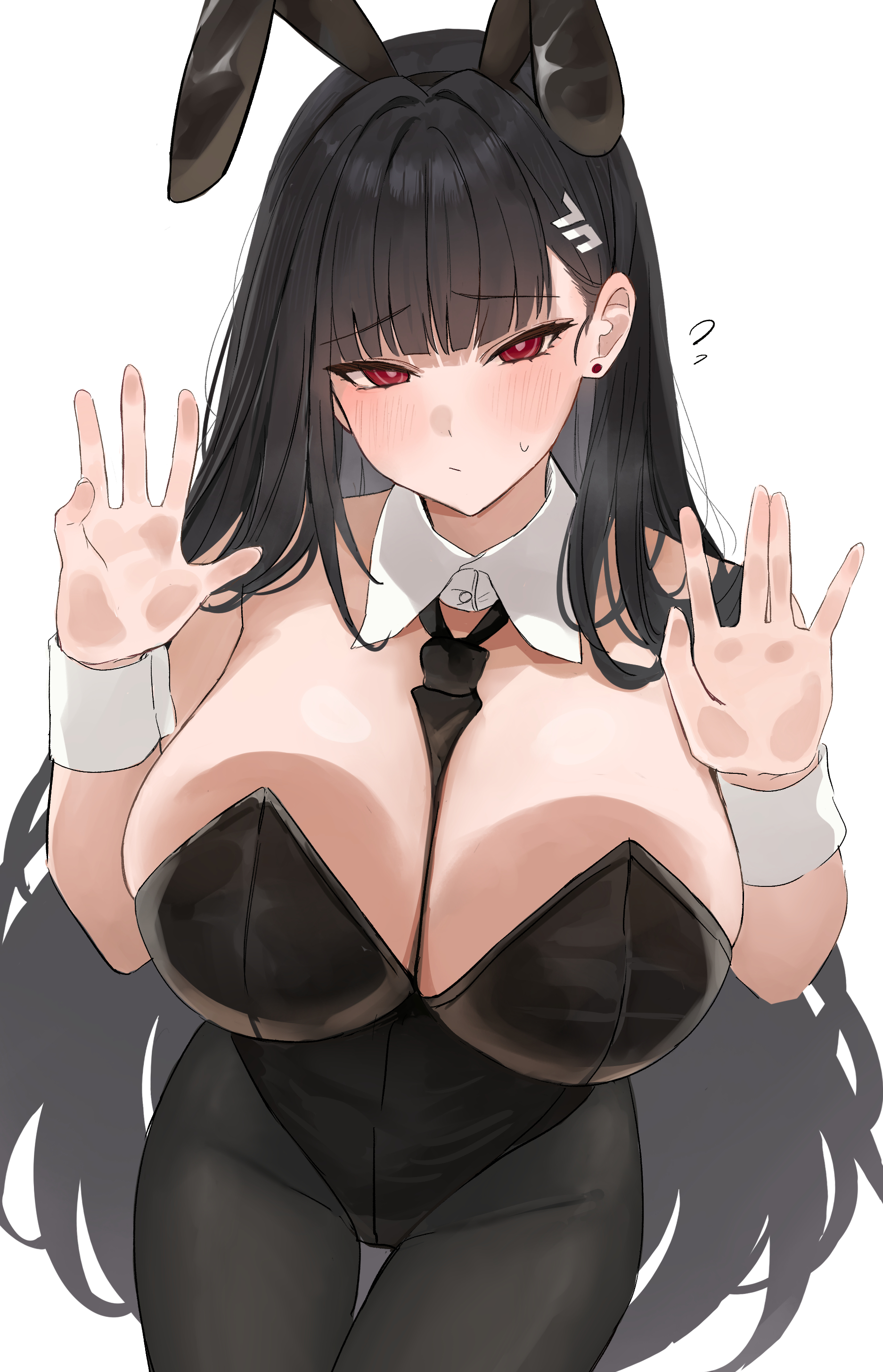 ?, 1girls, absurdres, against fourth wall, animal ears, bare shoulders, between breasts, black hair, black leotard, black necktie, black pantyhose, blue archive, blush, breast press, breasts, bunny ears, bunnysuit, cleavage, closed mouth, detached collar, fake animal ears, female, female only, hair ornament, hangetsu15, highres, large breasts, leotard, long hair, looking at viewer, necktie, necktie between breasts, pantyhose, rabbit ears, raised eyebrows, red eyes, rio (blue archive), simple background, solo, very long hair, white background, wrist cuffs