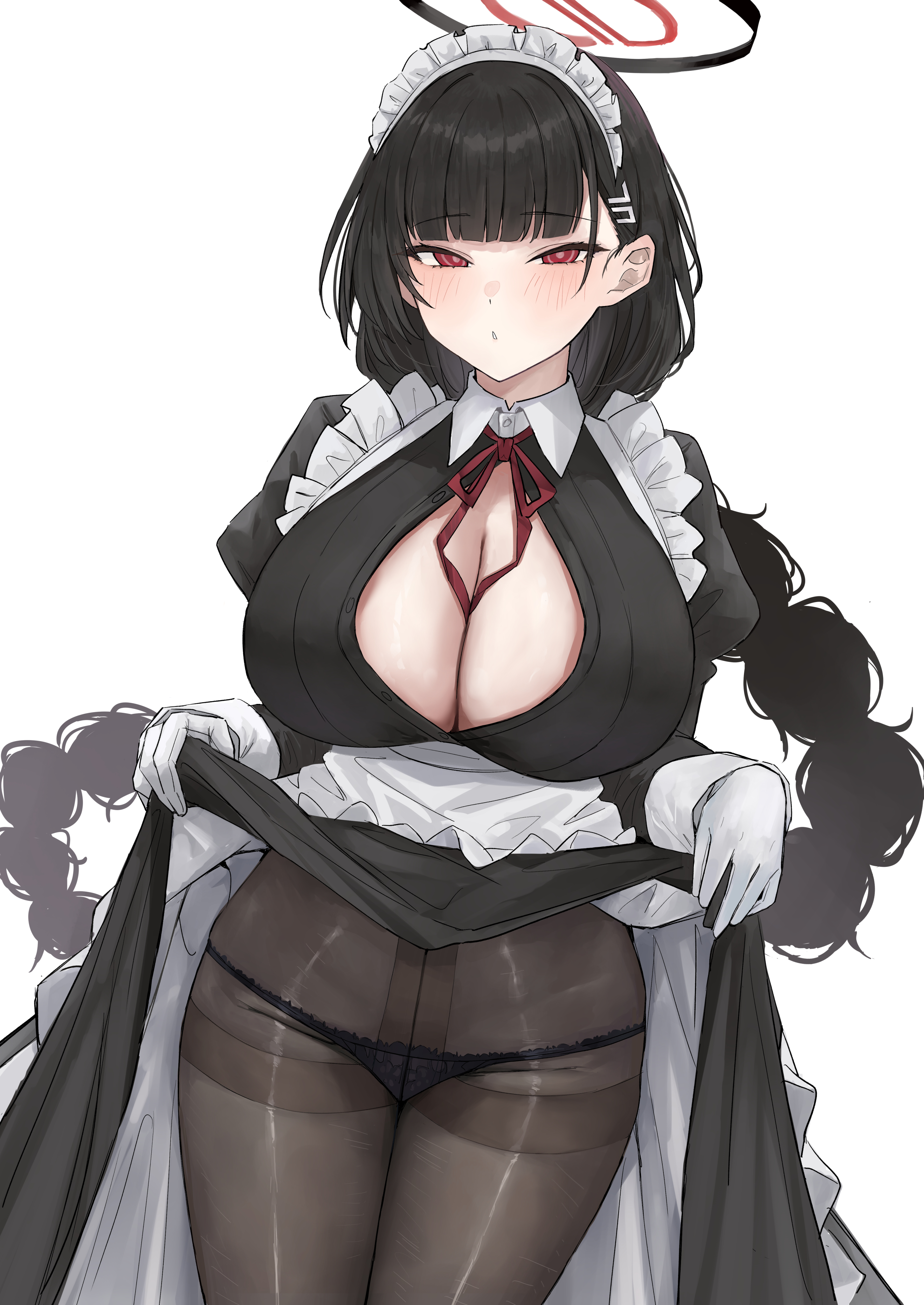 1girls, absurdres, black dress, black hair, black panties, black pantyhose, blue archive, blush, breasts, cleavage, clothes lift, dress, dress lift, dress lifted by self, female, female only, gloves, halo, hangetsu15, highres, huge breasts, long hair, long sleeves, looking at viewer, maid, maid headdress, panties, panties under pantyhose, pantyhose, red eyes, rio (blue archive), simple background, solo, thighs, underwear, white background, white gloves
