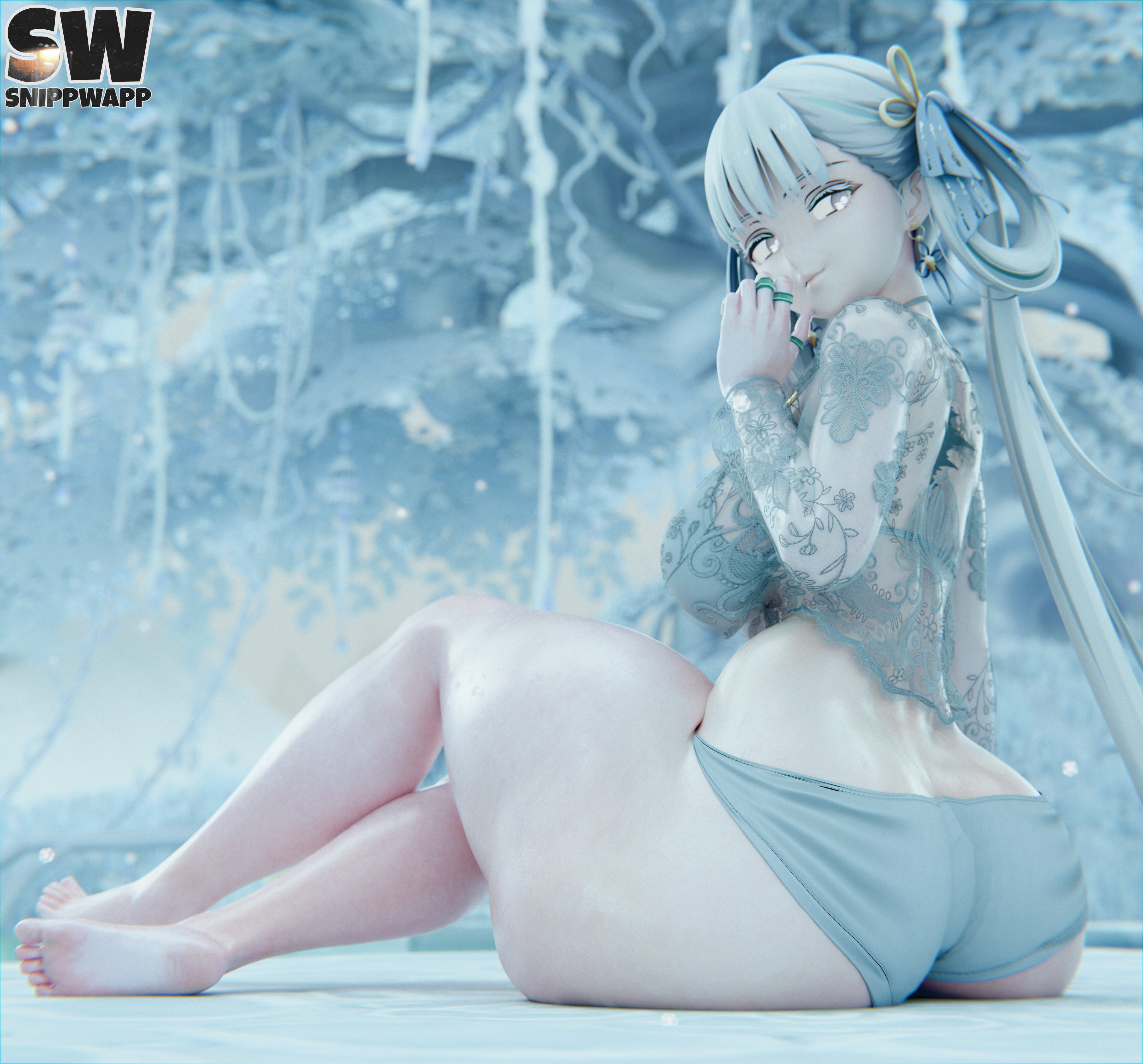 1girls, 3d, 3d (artwork), absurd res, artist logo, ass, big ass, big butt, bikini, blender, blender (artwork), blender (software), blender cycles, bottom heavy, curvaceous, curvaceous body, curvaceous female, curvaceous figure, curvy, curvy body, curvy female, curvy figure, female, hi res, highres, huge ass, jinhsi (wuthering waves), kuro games, light skin, light-skinned female, long hair, looking at viewer, looking back, smile, smiling, smiling at viewer, snippwapp, swimsuit, thick thighs, twintails, two-tone hair, voluptuous, voluptuous female, wide hips, wuthering waves