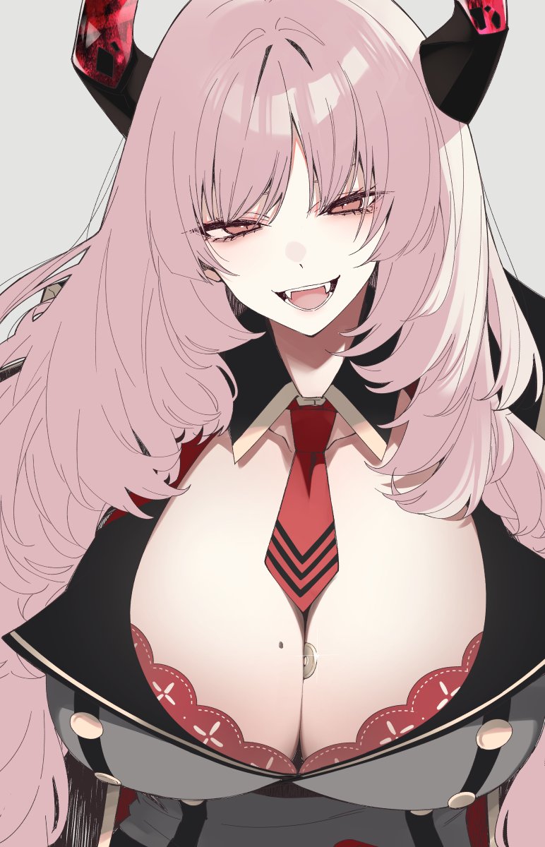 big_breasts blue_archive bra coin demon_girl gehenna_academy_student horns huge_breasts long_hair looking_at_viewer mole_on_breast nekoume object_between_breasts open_mouth pink_hair red_eyes satsuki_(blue_archive) sharp_teeth tie tie_between_breasts tits_bigger_than_head video_game_character
