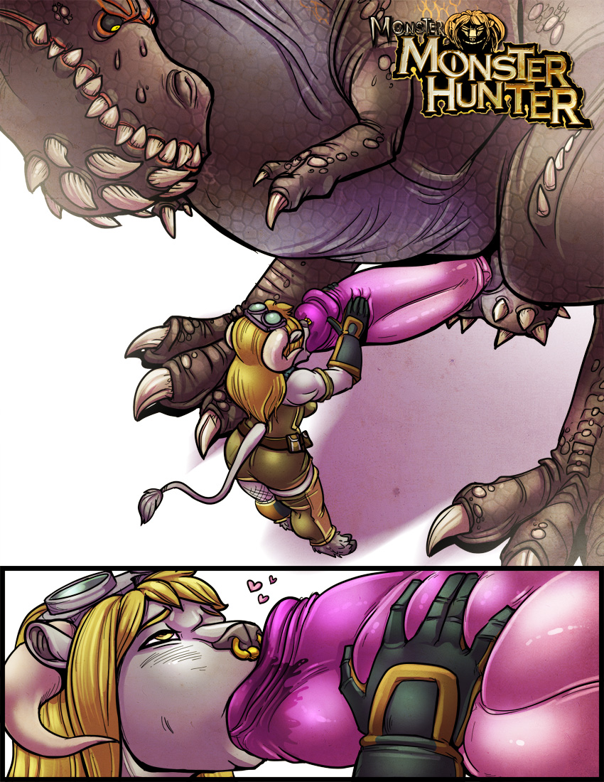 2015 anthro balls blonde_hair bovine capcom comic deviljho dulcine english_text erection eyewear fellatio female feral goggles hair heart horn huge_balls huge_cock interspecies male mammal monster monster_cock monster_hunter monster_hunter_3 oral original_character page_6 penis shia_(artist) size_difference video_games yellow_eyes