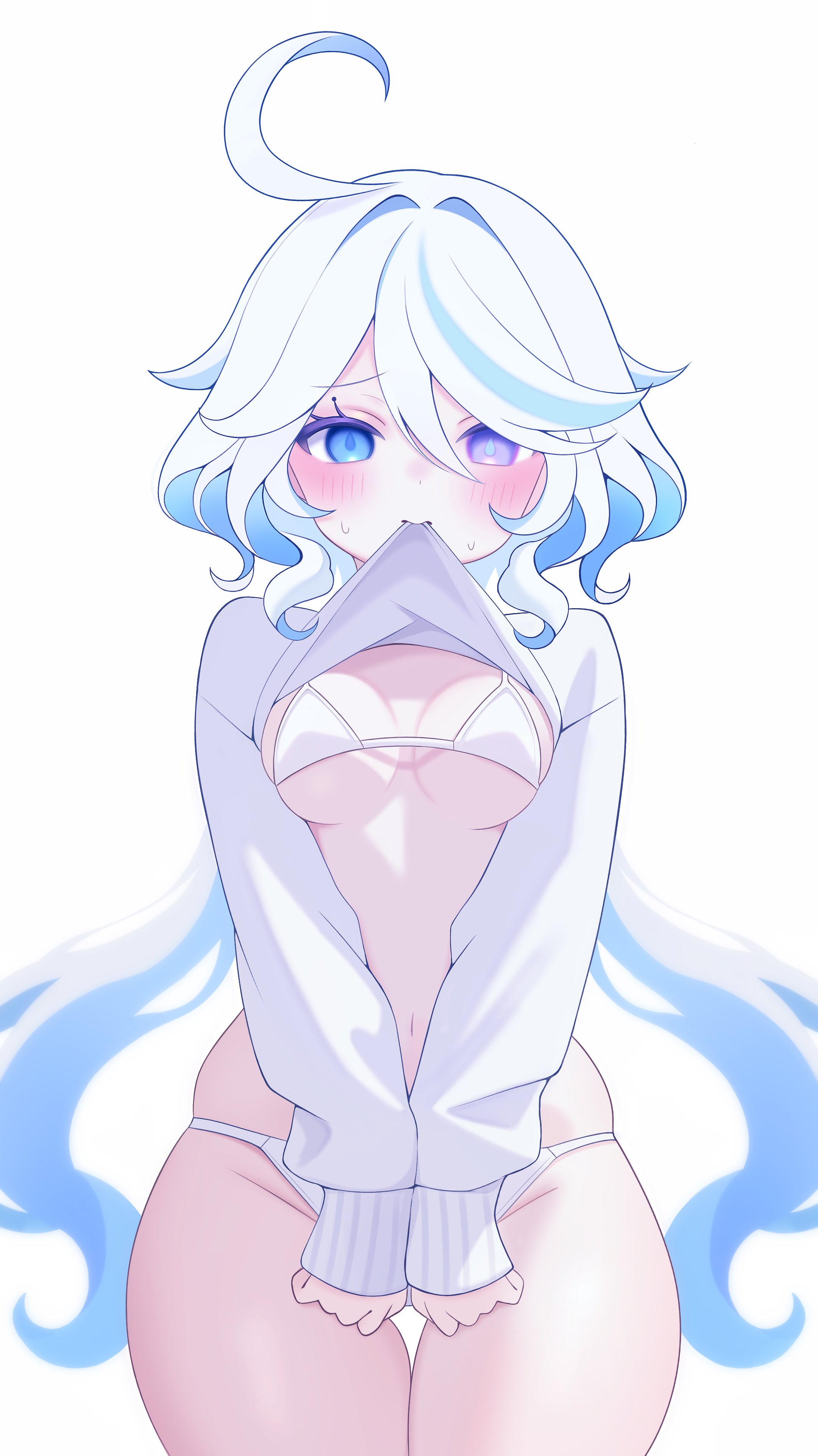 1girls, bikini, female, female focus, fuminccho, furina (genshin impact), genshin impact, light skin, light-skinned female, looking at viewer, small breasts, thick thighs, thighs, white background, white bikini, wide hips