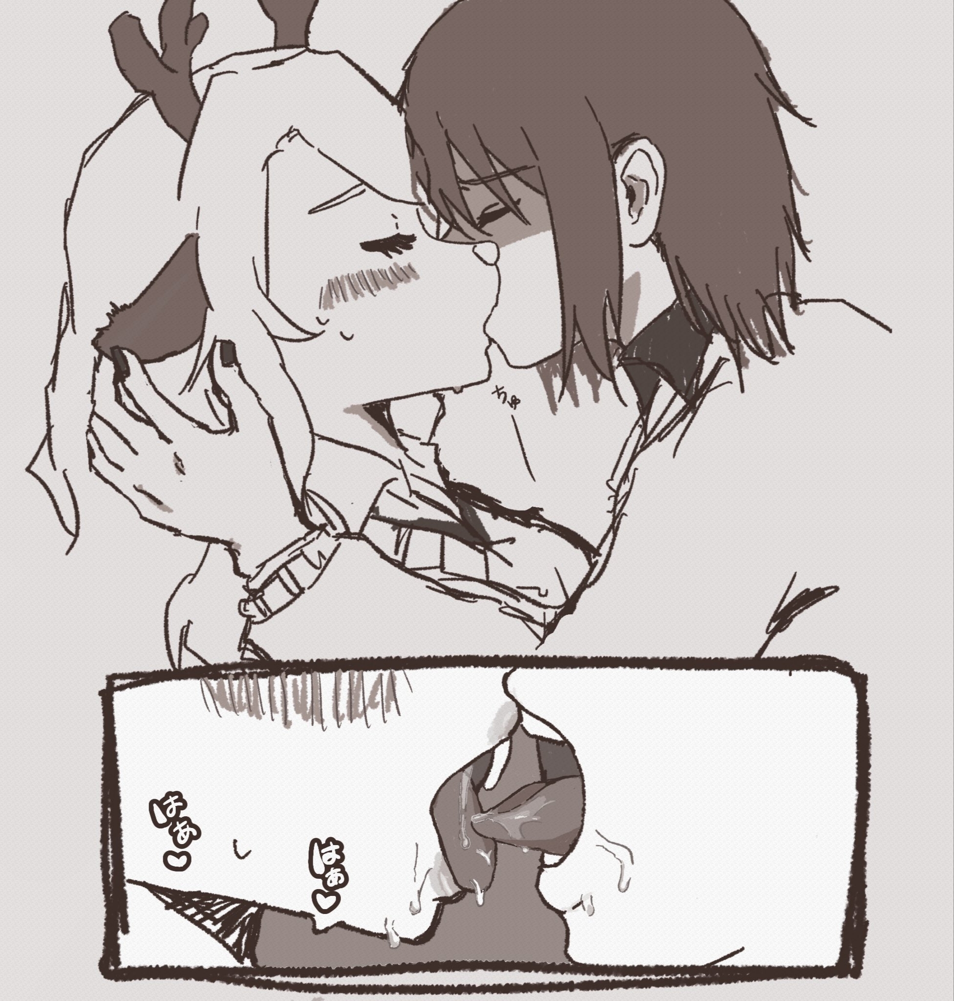 ambiguous gender, artist request, blush, deltarune, french kissing, human on anthro, kissing, kris (deltarune), noelle holiday, steamy breath, tongue kiss