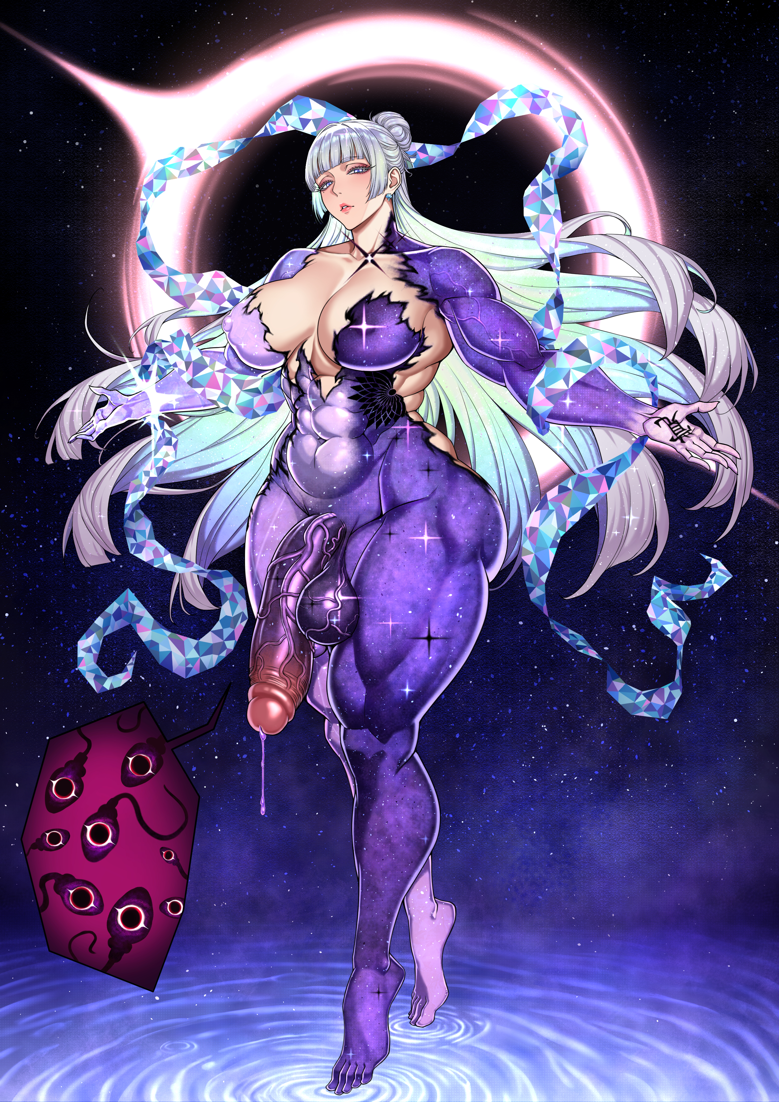 1futa, 624 (artist), abs, barefoot, full body, goddess of victory: nikke, grey hair, hagoromo, huge breasts, huge cock, muscular female, muscular futa, nayuta (nikke), nayuta (wu wei) (nikke), ripples, solo, sperm cell, standing, thick thighs