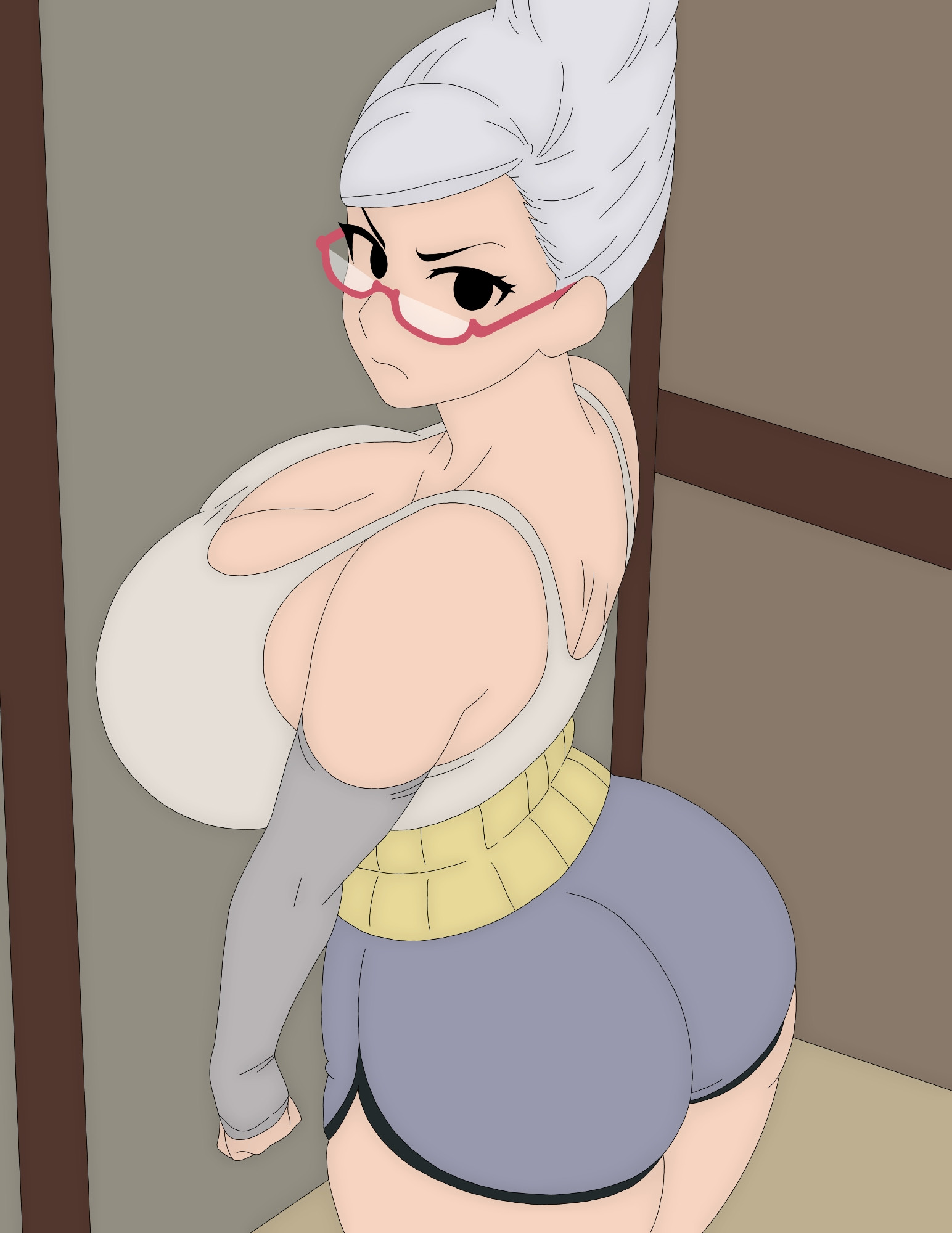 angry, artvi, ayase seiko, bun, cleavage, crop top, curvy, dandadan, female, furrowed brow, glasses, grandmother, granny, gray hair, gray long sleeves, gray shorts, gray tank top, high bun, highres, huge ass, huge breasts, indoors, long sleeves, massive ass, massive breasts, narrowed eyes, plump, red glasses, side boob, solo, tagme, tatami, thick thighs, tight shorts, traditional house, underboob, white hair, wide hips, wooden wall
