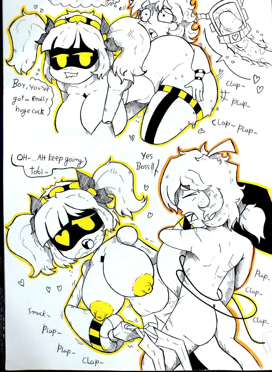 1boy, 1girls, big ass, boobs, breasts, claws, drawing, glitch productions, heart-shaped pupils, hearts, intercourse, j (murder drones), male/female, murder drones, oc, robot humanoid, scetch, sex, tail, thick thighs, thighs, vaginal penetration, vaginal sex, white background, yellow eyes