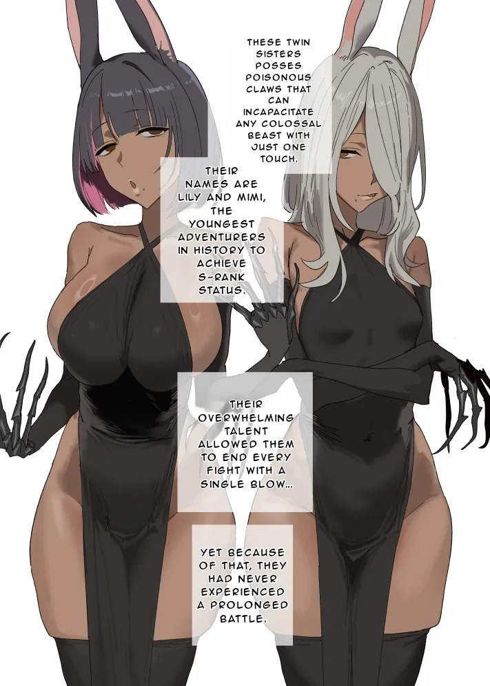 2girls, big breasts, black hair, bunny ears, bunny girl, cocky, comic, dark skin, huge breasts, purple hair, shinjiro, sideboob, small breasts, tan body, wall of text, white hair, wide hips