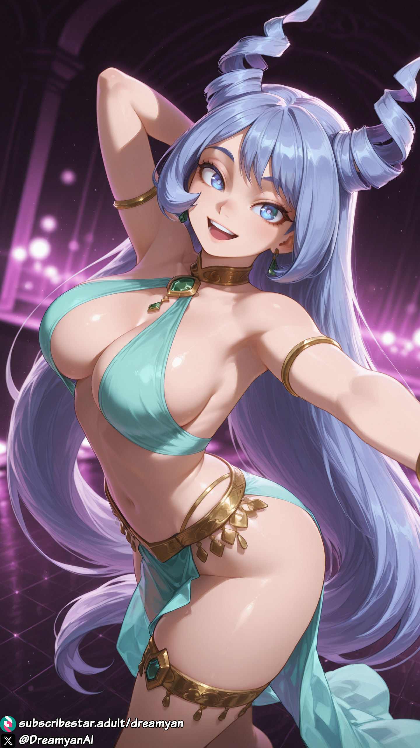 1girls, ai generated, arms up, big breasts, blue eyes, blue hair, blue-haired female, boku no hero academia, breasts, curvy, curvy body, curvy female, dancer, dancer outfit, dancing, dreamyan ai, female, female focus, female only, hadou nejire, hair horns, halter top, halterneck, harem outfit, hi res, high quality, high resolution, highres, huge breasts, large breasts, long hair, looking at viewer, my hero academia, nejire hado, open mouth, pelvic curtain, seductive, seductive eyes, seductive look, seductive mouth, seductive pose, seductive smile, smile, smiling, solo, solo female, solo focus, thick ass, thick thighs, thighs, uncensored, very long hair