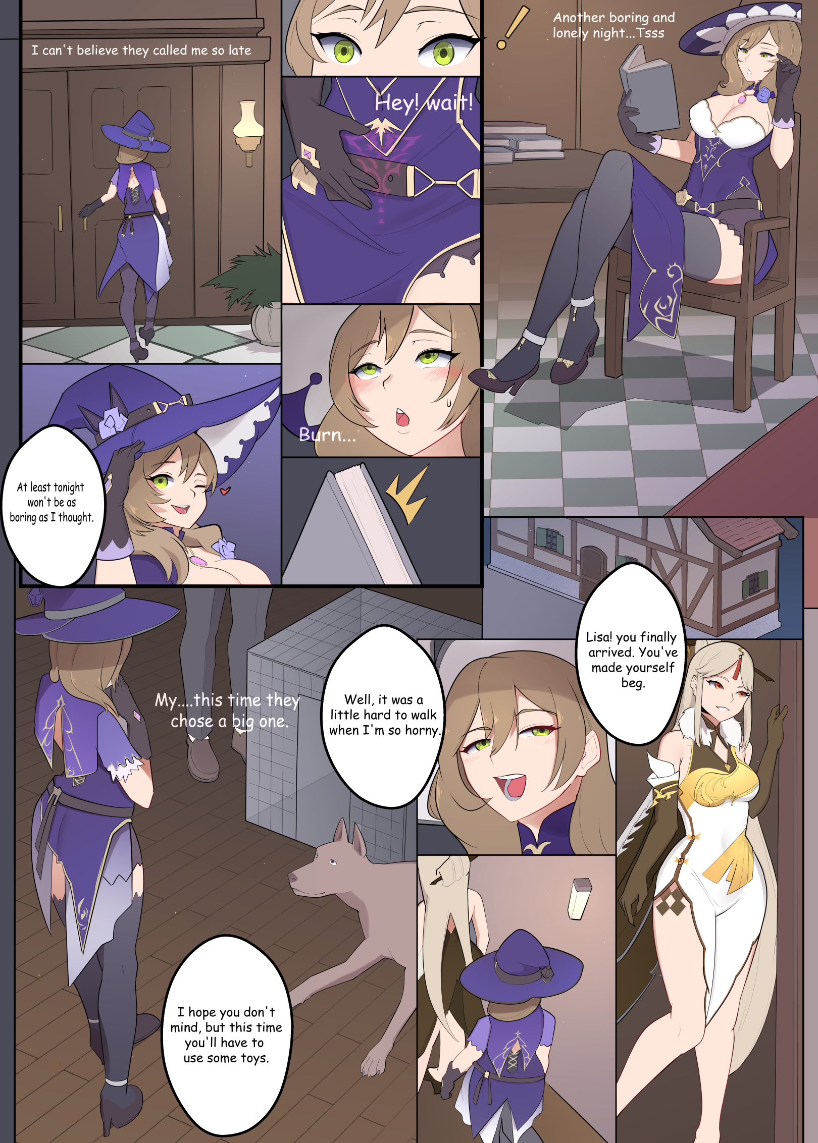 brown hair, canine, canine on human, cleavage, clothed, clothing, domestic dog, eyeliner, female human/male feral, femsub, feral, genshin impact, hat, headgear, headwear, high heels, horny, horny female, human female, imminent bestiality, imminent sex, implied bestiality, implied sex, light skin, light-skinned female, lisa (genshin impact), neovixtadiz, ningguang (genshin impact), pale skin, pale-skinned female, red eyes, speech bubble, stockings, text, thighs, yellow eyes