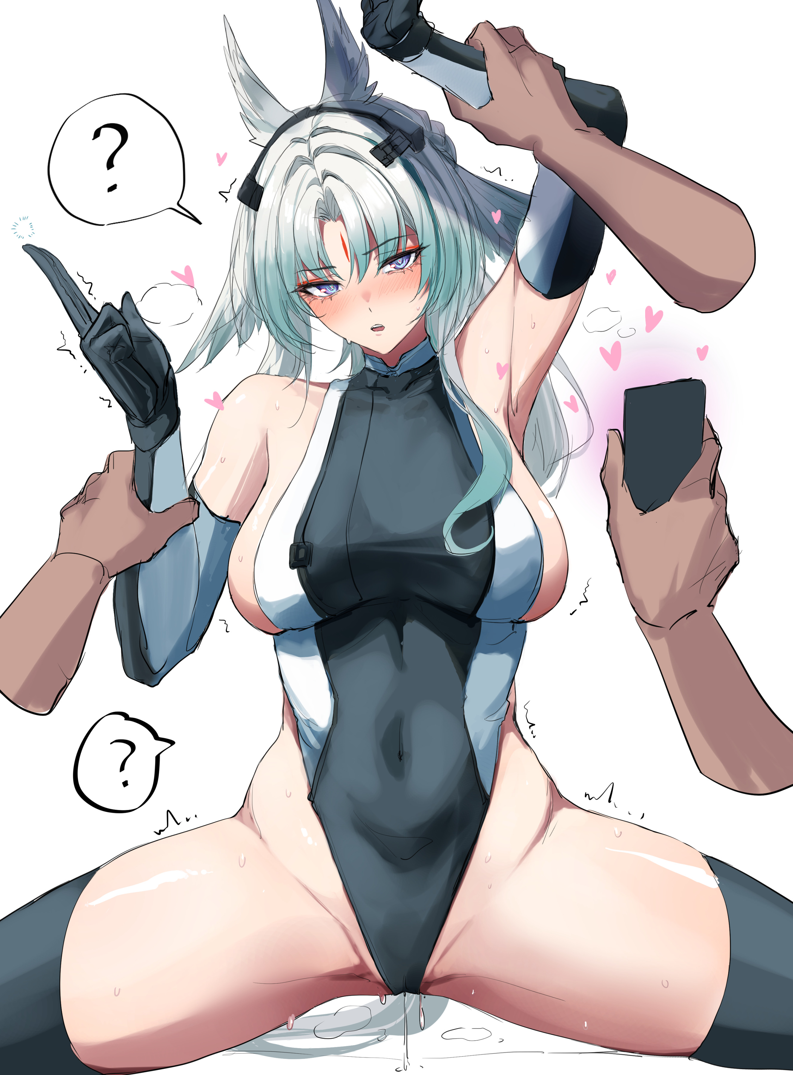 1girls, animal ears, arcane (arknights: endfield), arknights, arknights: endfield, armpits, artist name, artist request, ass visible through thighs, belly, belly button, blue eyes, blush, blush lines, blushing, breasts, dark skin, dark-skinned male, floating hands, gloves, heart, hearts around body, hearts around head, hypnosis, hypnotized, hypnotized female, hypnotized hypnotist, large breasts, leotard, long gloves, long hair, looking at phone, looking at viewer, mind control, multiple boys, multiple males, open mouth, phone, pinned, pussy, pussy juice, pussy juice drip, pussy juice drip through clothes, pussy juice dripping, pussy juice string, pussy juice trail, sideboob, smooth skin, spread legs, spreading, subdued, sweat, sweatdrop, sweating, thick, thick thighs, thighhighs, thighs, white background, wide hips