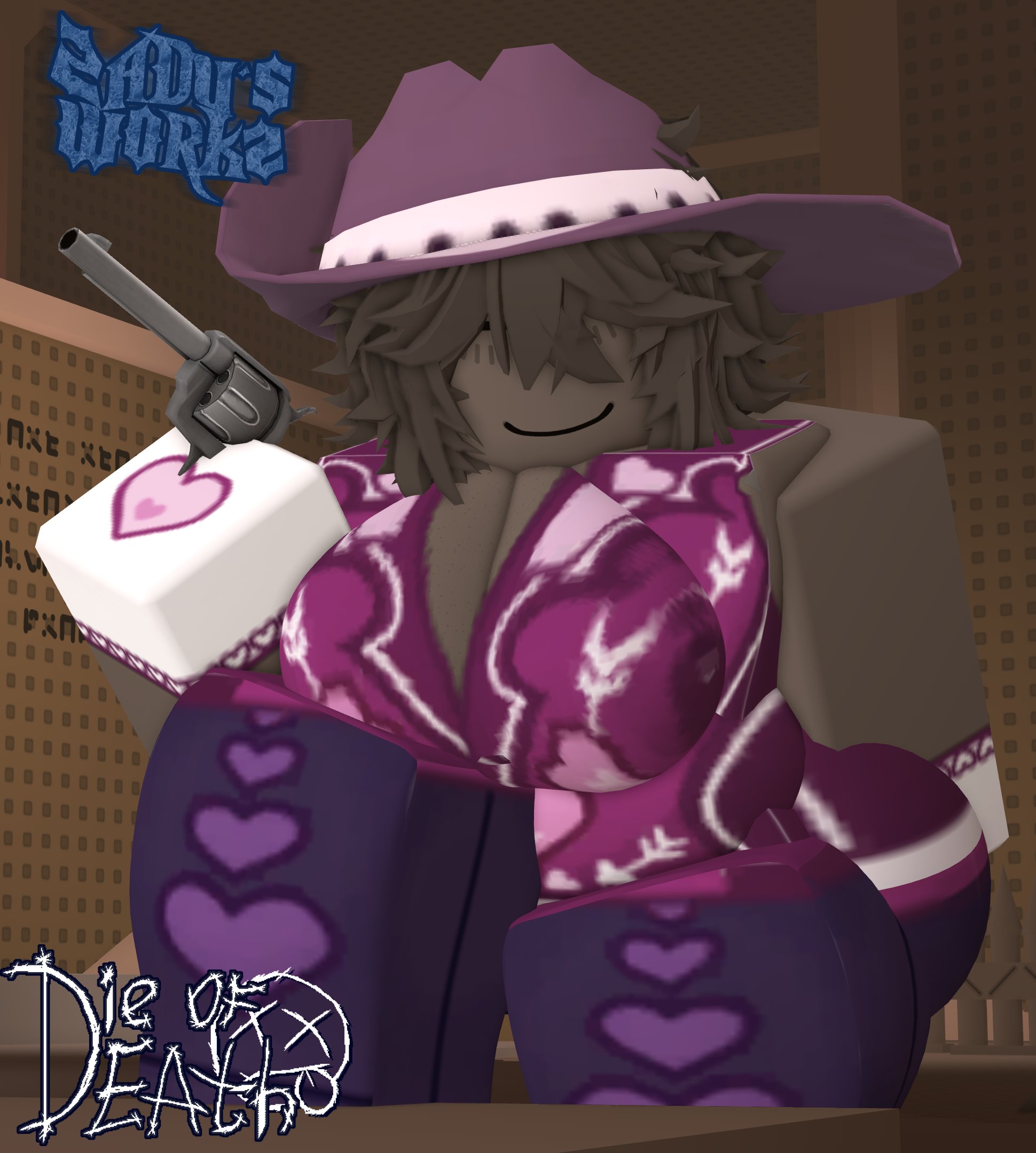 1girls, 3d, artist name, ass, big ass, big breasts, breasts, brown skin, cleavage, clothed, copyright name, crimstuff, die of death (roblox), female, female only, gloves, gun, hat, loveshot (die of death), revolver, roblox, roblox game, robloxian, short hair, solo, thick thighs, thighs, zaduworkz