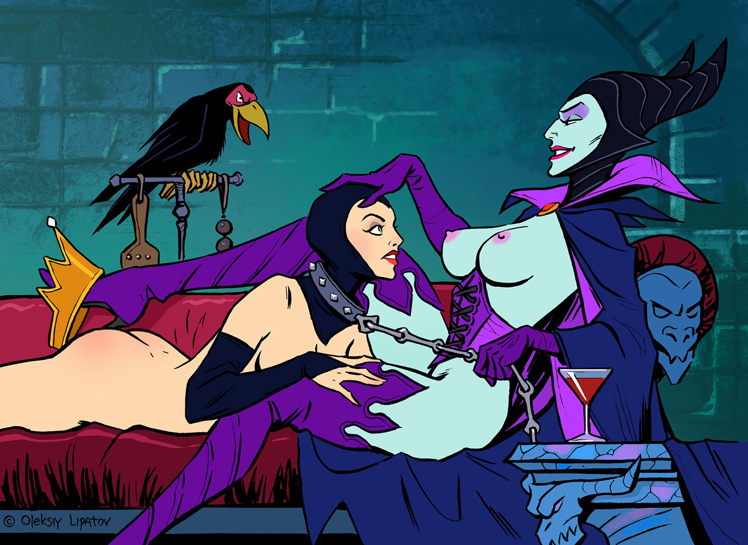 2girls, boots, breasts, collar, crossover, disney, disney villains, elbow gloves, evil queen (disney), female, female only, femdom, femsub, gloves, high heel boots, horns, leash, lezdom, maleficent, nipples, purple boots, purr-hiss, queen, royalty, sleeping beauty (1959 film), snow white and the seven dwarfs (1937 film), the evil queen, thigh boots, villain, villainess, witch, yuri