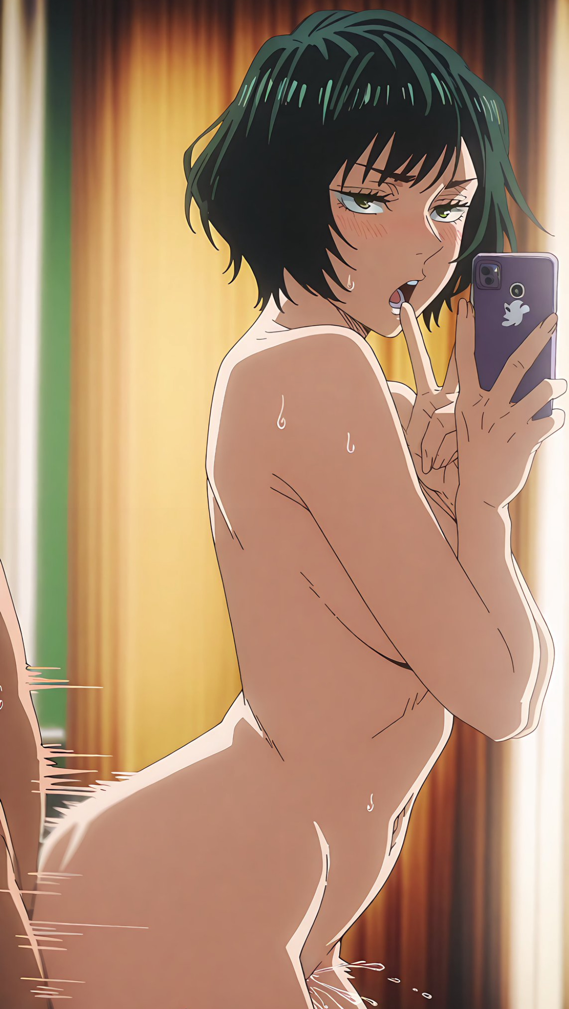 ai generated, aiwaifusart, backshots, big breasts, curvy female, green hair, jujutsu kaisen, male/female, part of a set, penetration, phone, pussy, pussy juice, sex, sex from behind, short hair, side view, taking picture, zenin mai