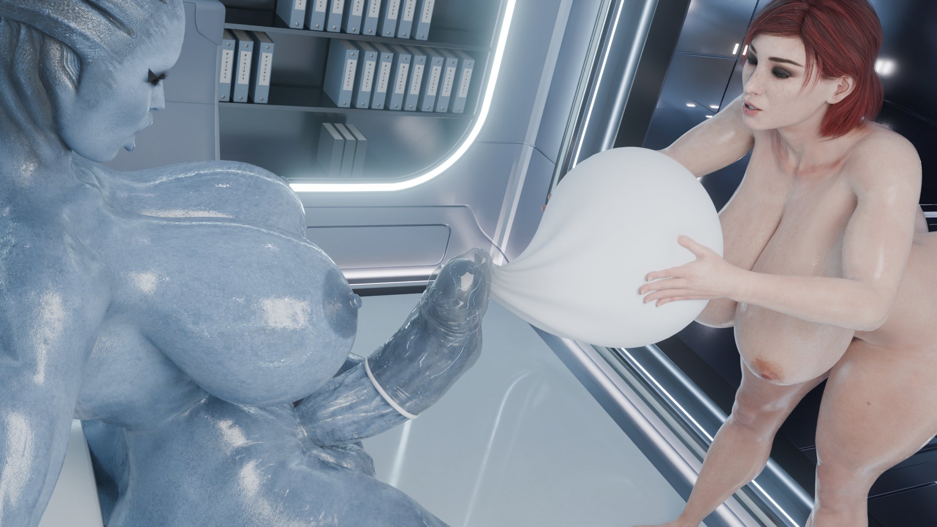 1futa, 1girls, 3d, 3d (artwork), alien, alien futa, alien humanoid, alternate version available, asari, asari futa, commander shepard, condom, condom balloon, condom filling, condom on penis, female, femshep, femsub, filled condom, futa on female, futa with female, futadom, futanari, jane shepard, lacoux3d, mass effect, red hair, short hair, tentacle hair