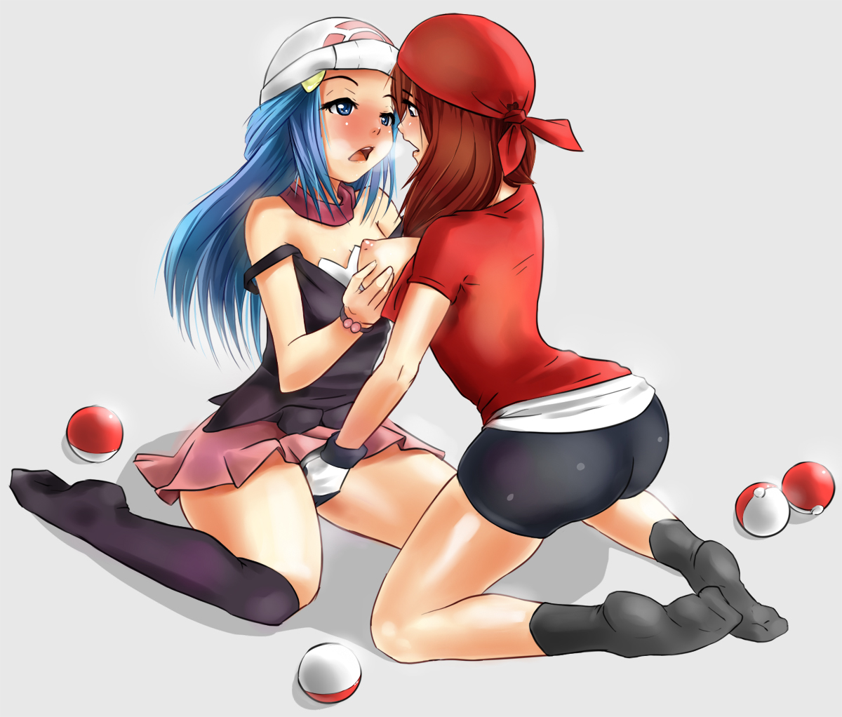 ankle socks, anklehighs, areolae, bandana, bike shorts, black socks, blue eyes, blue hair, blush, breast grab, breast hold, breasts, brown hair, caschlecook, dawn (pokemon), erect nipples, female, female only, fingering, high res, highres, hourglass figure, human, human only, knee socks, kneehighs, kneesocks, large breasts, lesbian, long hair, may (pokemon), multiple females, multiple girls, nintendo, nipples, open mouth, poke ball, pokemon, simple background, socks, through panties, yuri