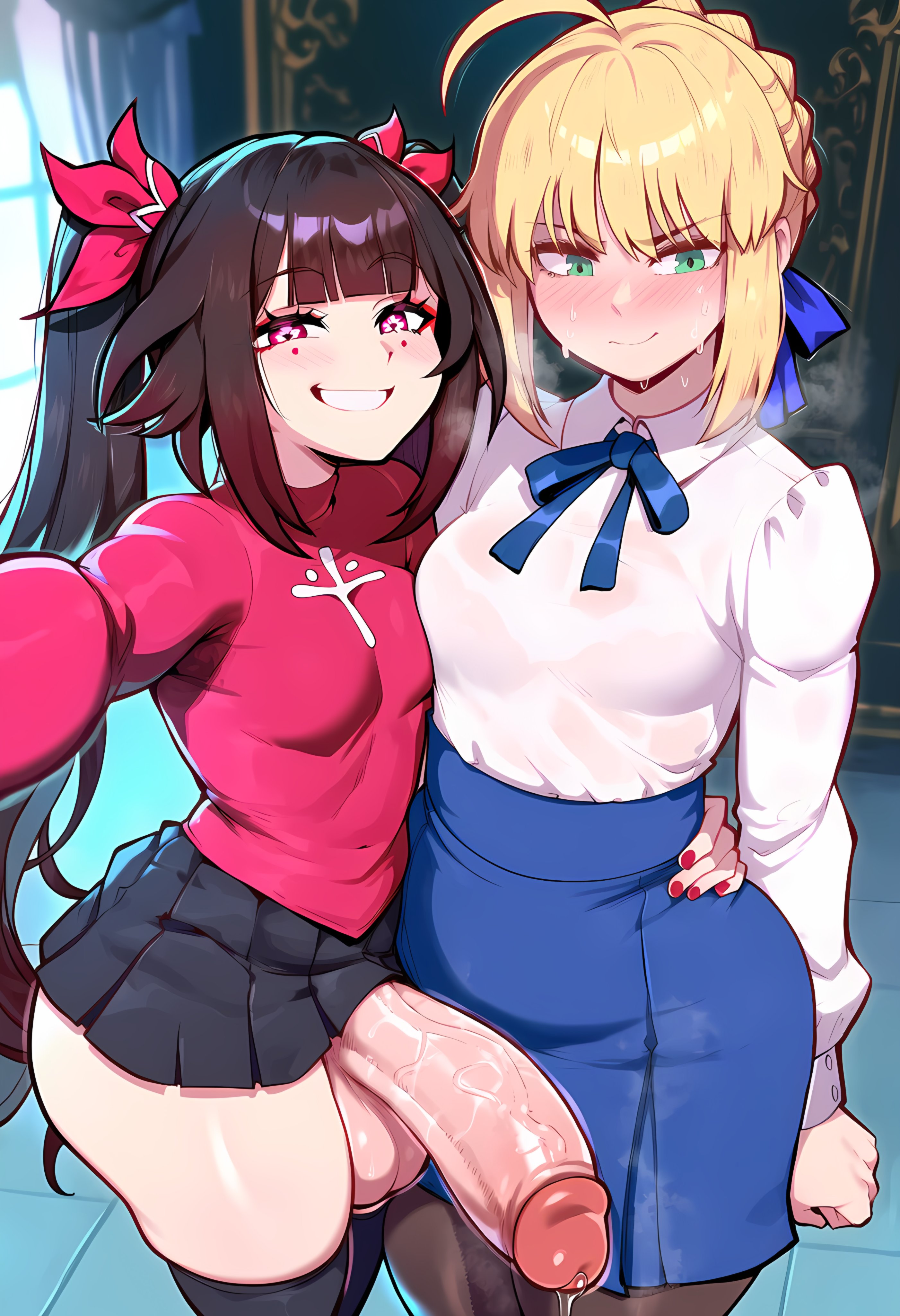 1futa, 1girls, ai, ai art, ai generated, artoria pendragon, ass, ass bigger than head, big ass, big balls, big butt, big penis, black skirt, blonde female, blonde hair, blue skirt, blush, blush lines, breath, breath cloud, breathing, breathing heavily, brown hair, bubble ass, bubble butt, corset, curvaceous, curvaceous body, curvaceous female, curvaceous figure, curves, curvy, curvy body, curvy female, curvy figure, curvy hips, dominant, dominant futa, domination, dress, duo, embarrassed, embarrassed female, fate (series), fate/stay night, female, futa on female, futanari, genlation, grabbing, grabbing hips, green eyes, hair, hair ornament, heavy breathing, huge ass, huge balls, huge butt, huge cock, huge testicles, large ass, large balls, large penis, large testicles, light skin, light-skinned female, light-skinned futa, light-skinned futanari, long hair, long sleeves, looking at viewer, looking back, looking back at viewer, medium breasts, mole, mole under eye, penis, precum, red eyes, red shirt, red sweater, ribbon, saber, semi nude, shirt, short hair, skirt, smile, smiling, smiling at viewer, sparkle (honkai: star rail), sweat, sweating, sweaty, sweaty ass, sweaty balls, sweaty body, sweaty butt, thick, thick ass, thick hips, thick legs, thick penis, thick thighs, thighhighs, thighs, tohsaka rin (cosplay), twintails, uncensored, veiny penis, voluptuous, voluptuous female, wet, wet ass, white shirt, wide hips