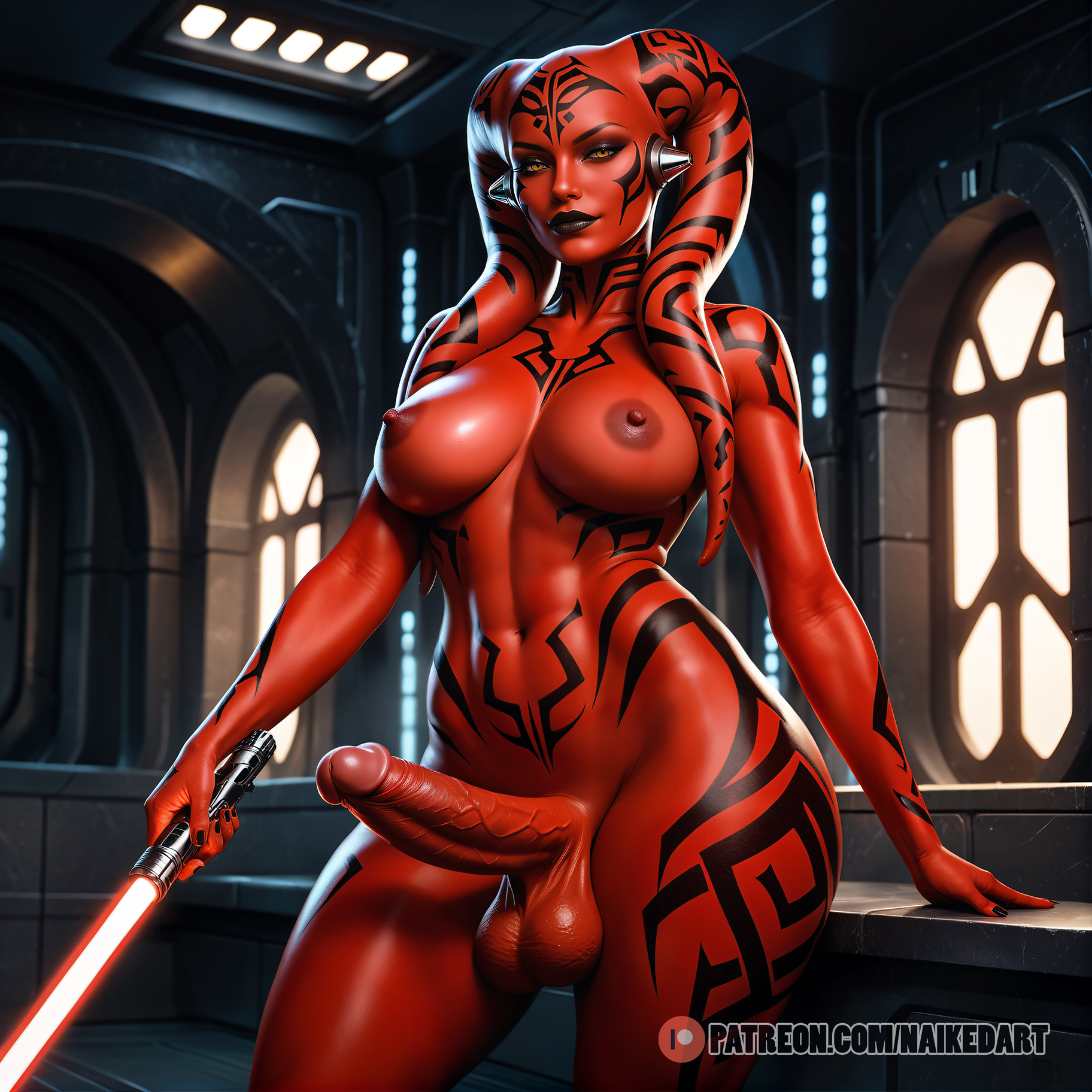 ai generated, black lipstick, darth talon, dickgirl, futanari, lightsaber, naikedart, nude, penis, red body, red lightsaber, sci-fi, solo, stable diffusion, star wars, twi'lek, yellow eyes