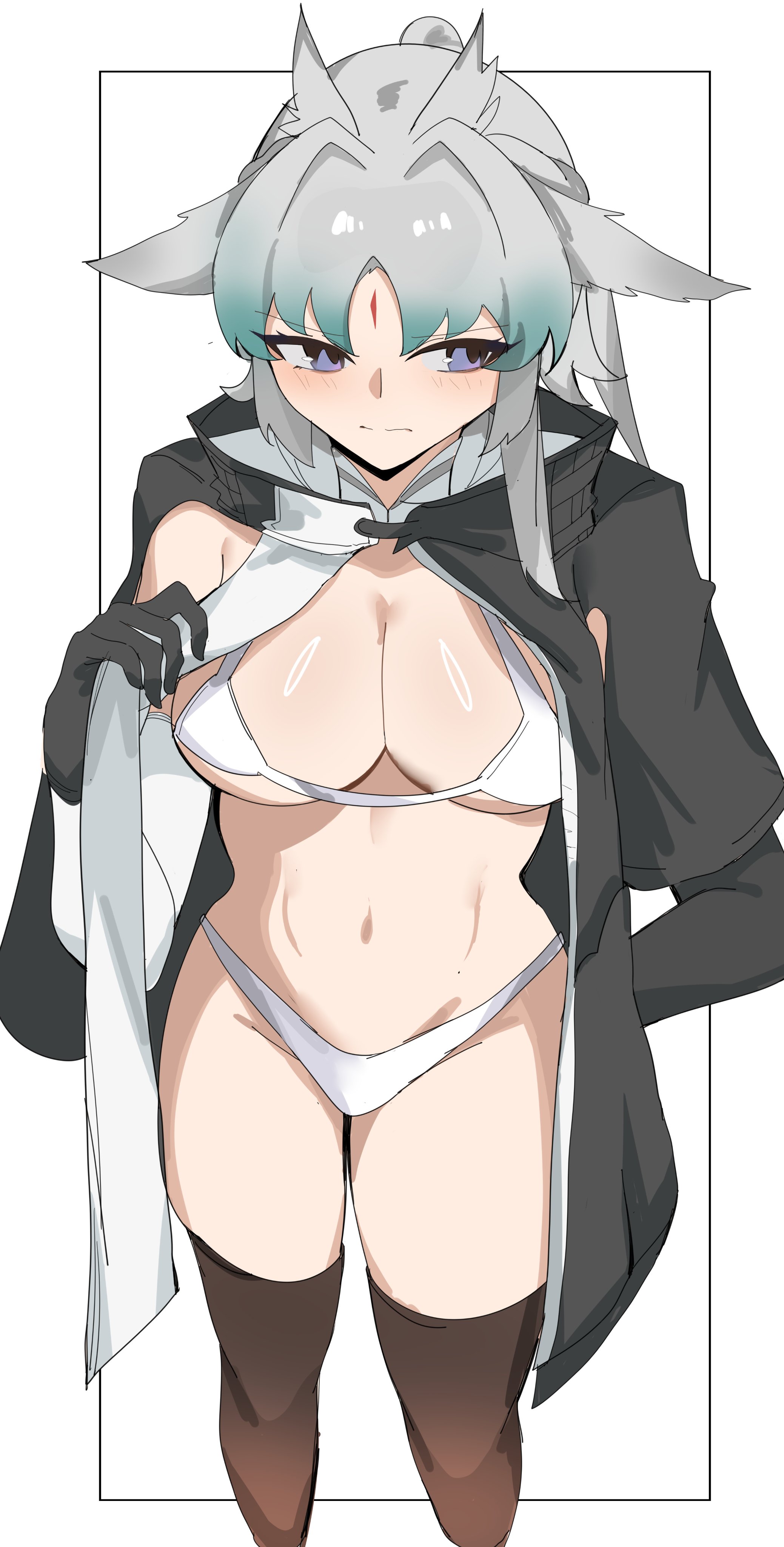 1girls, arcane (arknights: endfield), arknights, arknights: endfield, artist name, artist request, blush, bra, breasts, embarrassed, female, female focus, large breasts, leggings, looking at another, looking at viewer, panties, revealing, revealing bra, revealing clothes, revealing outfit, stockings, thick, thick thighs, thighhighs, thighs, underwear, white bra, white panties, wide hips, wide thighs
