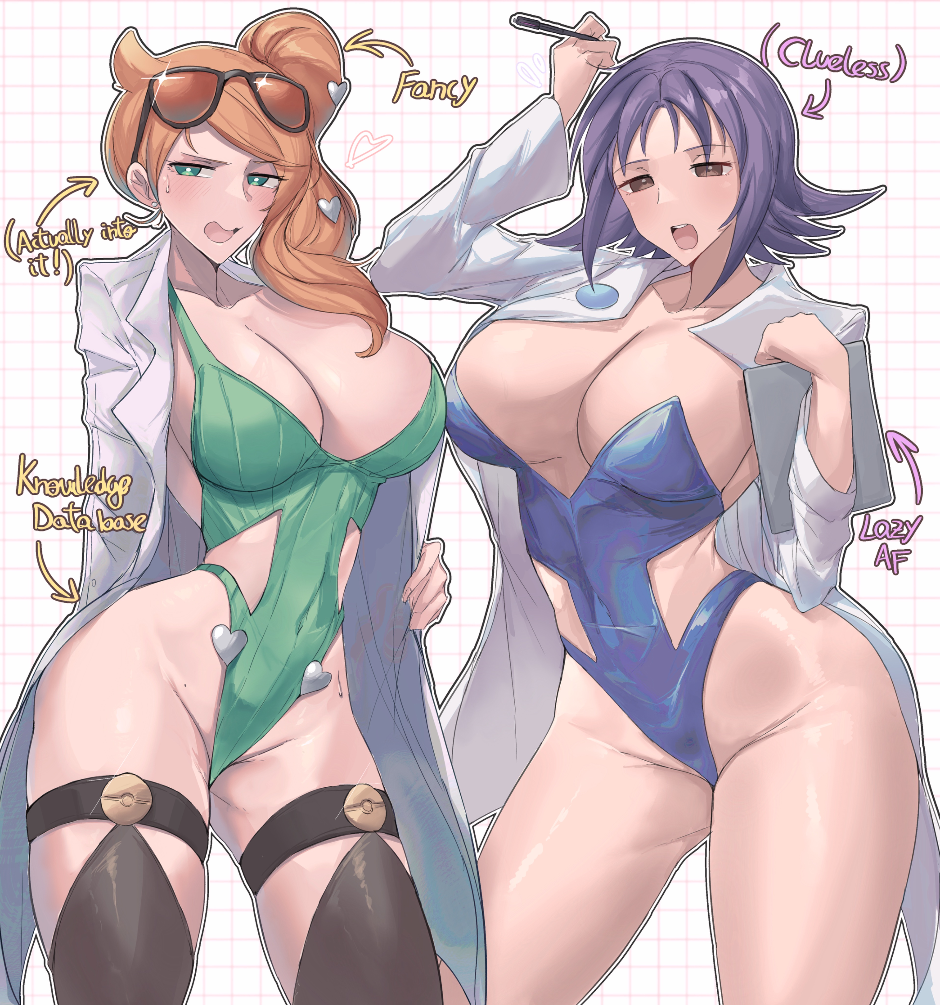 2girls, breasts, calmgreentori, english text, female, female focus, female only, game freak, hip cleavage, large breasts, light skin, light-skinned female, nintendo, philena ivy, pokemon, pokemon (anime), professor ivy (pokemon anime), sonia (pokemon), text, thick thighs, thighs, wide hips