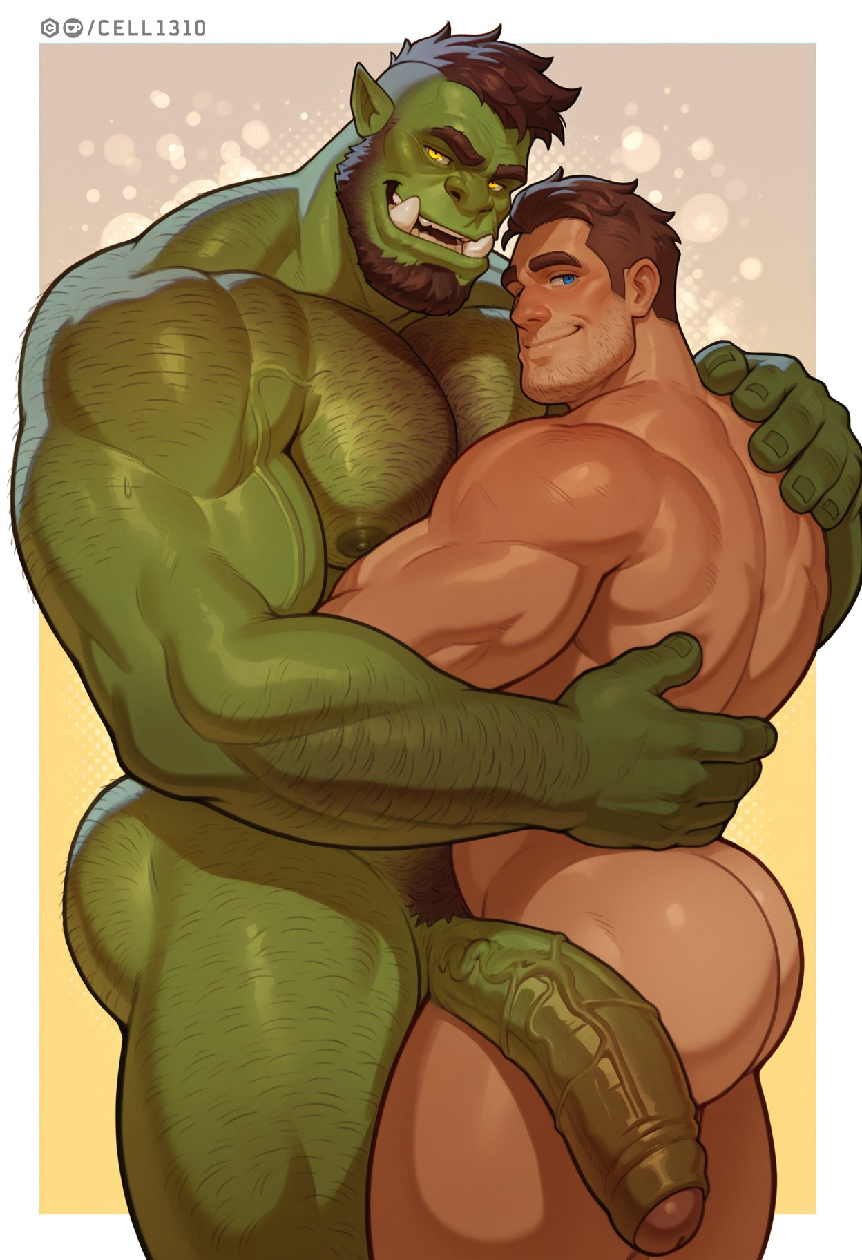 2boys, abs, ai generated, ass, back, back muscles, balls, bara, beard, big ass, big balls, big dom small sub, big muscles, big nipples, big pecs, big penis, cell1310, daddy, dilf, embrace, erect nipples, erection, gay, gay couple, green body, hair, hairy, hairy ass, hairy chest, hairy male, happy trail, holding partner, hug, huge ass, huge balls, huge cock, huge muscles, huge pecs, human, human on humanoid, human on orc, humanoid, humanoid on human, hunk, interspecies, larger humanoid, larger male, larger orc, leg hair, male, male focus, male only, male/male, mature, mature male, muscular, muscular human, muscular humanoid, muscular male, muscular orc, naked, naked male, nipples, nude, orc, orc male, orc on human, pecs, penis, pointy ears, pubic hair, romantic, romantic couple, size difference, smaller human, smaller male, tusks, yaoi