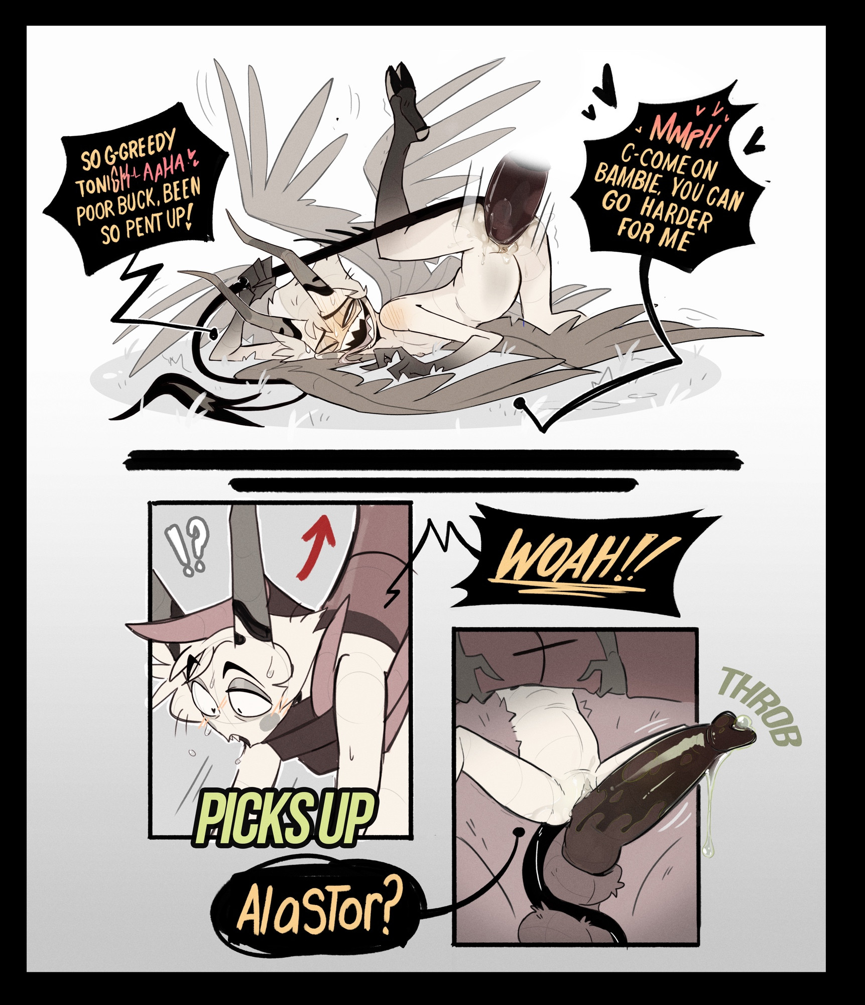 1boy, 1cuntboy, alastor (hazbin hotel), animal genitalia, balls, belly, belly bulge, big penis, bigger male, blonde hair, blush, bulge, craxkers, demon, english, english text, gay, grabbing, grabbing tail, hazbin hotel, horns, huge cock, knot, lucifer morningstar (hazbin hotel), massive penis, naked, nude, open mouth, penetration, penile, penis, penis in pussy, pussy, sharp teeth, short hair, size difference, tail, wings, yaoi