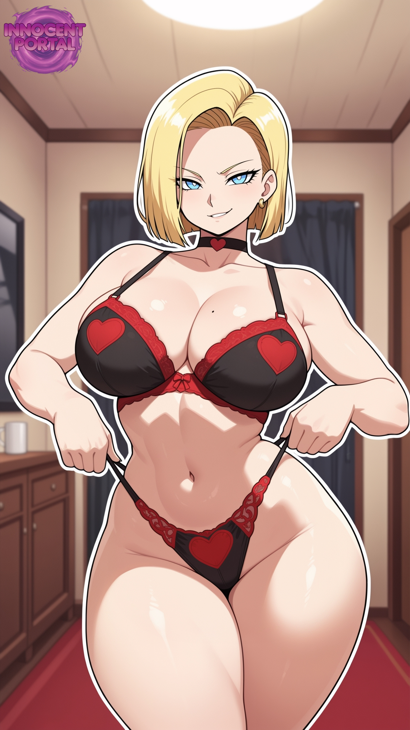 1female, 1girls, ai generated, android 18, ass, big ass, big breasts, black lingerie, black underwear, blonde female, blonde hair, blonde-haired female, blue eyes, breasts, busty, busty female, child bearing hips, choker, cleavage, dragon ball, dragon ball super, dragon ball z, fanart, female, female focus, female only, heart, heart choker, jorgecarlosai, lingerie, lingerie only, mature, mature body, mature female, mature figure, mature woman, milf, mommy, mommy kink, naked, naked female, no clothes, nude, nude female, panties, posing, posing for the viewer, pulling panties, pulling thong, red lingerie, red underwear, sexy, sexy pose, short hair, smile, smirk, solo, solo female, standing, thick, thick ass, thick thighs, thighs, thong, underwear, underwear only, voluptuous, voluptuous female, watermark, wide hips