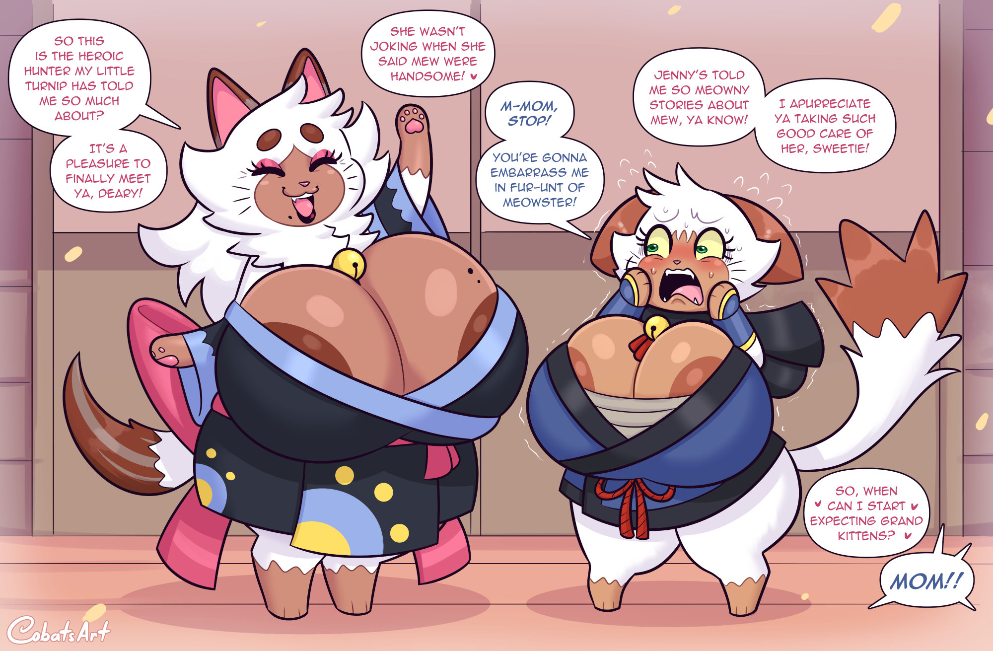 2026, 2girls, 3 toes, anthro, areola, areola slip, asian clothing, big breasts, biped, black lips, bodily fluids, breasts, brown areola, brown body, brown eyebrows, brown fur, brown markings, capcom, cleavage, clothed, clothed anthro, clothed female, clothing, cobatsart, color coded text, conjoined speech bubble, daughter (lore), dialogue, dipstick tail, duo, east asian clothing, english text, eyebrows, feet, felid, felyne, female, female anthro, female only, flying sweatdrops, fur, green eyes, heart symbol, hi res, huge breasts, hyper, hyper breasts, japanese clothing, jennifur (cobatsart), kimono, larger female, leg markings, lips, lynian, mammal, markings, mature anthro, mature female, mole (marking), mole on breast, monster hunter, mother (lore), mother and child (lore), mother and daughter, mother and daughter (lore), multiple sources, open mouth, open smile, palico, parent (lore), parent and child (lore), parent and daughter (lore), pawpads, shortstack, shortstack female, size difference, smaller female, smile, socks (marking), speech bubble, sweat, sweatdrop, tail, tail markings, text, thick thighs, toes, white body, white fur, yellow sclera