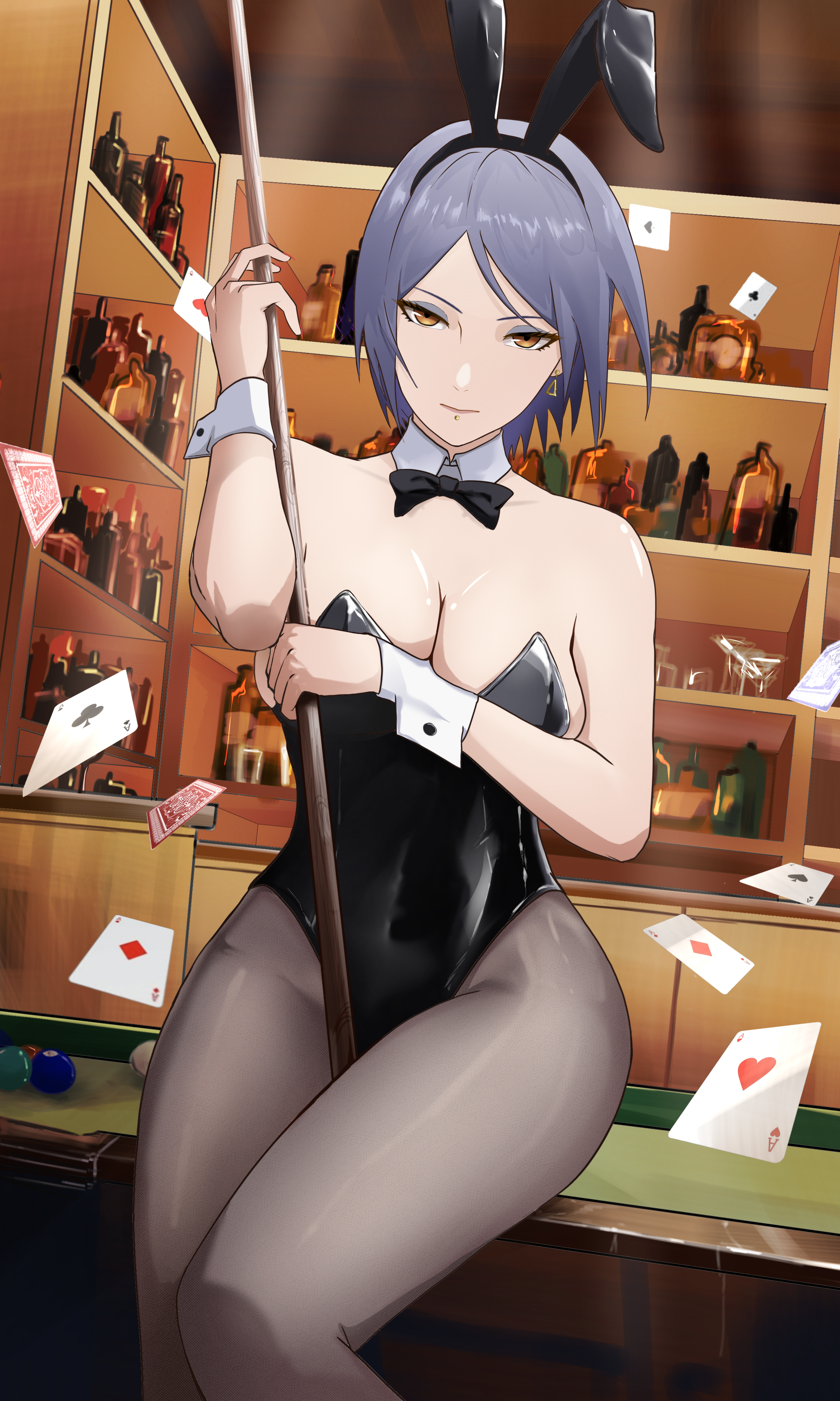 :|, 1girls, alternate costume, amerin, animal ears, arm under breasts, ball, bar (place), bare shoulders, billiard ball, black bow, black bowtie, black leotard, blue eyeshadow, blue hair, bow, bowtie, breast press, breasts, chin piercing, cleavage, closed mouth, collar, collarbone, covered navel, cue stick, detached collar, earrings, eyelashes, eyeshadow, face piercing, fake animal ears, feet out of frame, female, female focus, grey pantyhose, hand up, jewelry, konan, large breasts, legs together, leotard, looking at viewer, makeup, medium hair, naruto, naruto (series), naruto shippuden, on table, pantyhose, piercing, playboy bunny, pool table, rabbit ears, serious, sitting, solo, straight-on, strapless, strapless leotard, table, tavern, white collar, wrist cuffs, yellow eyes