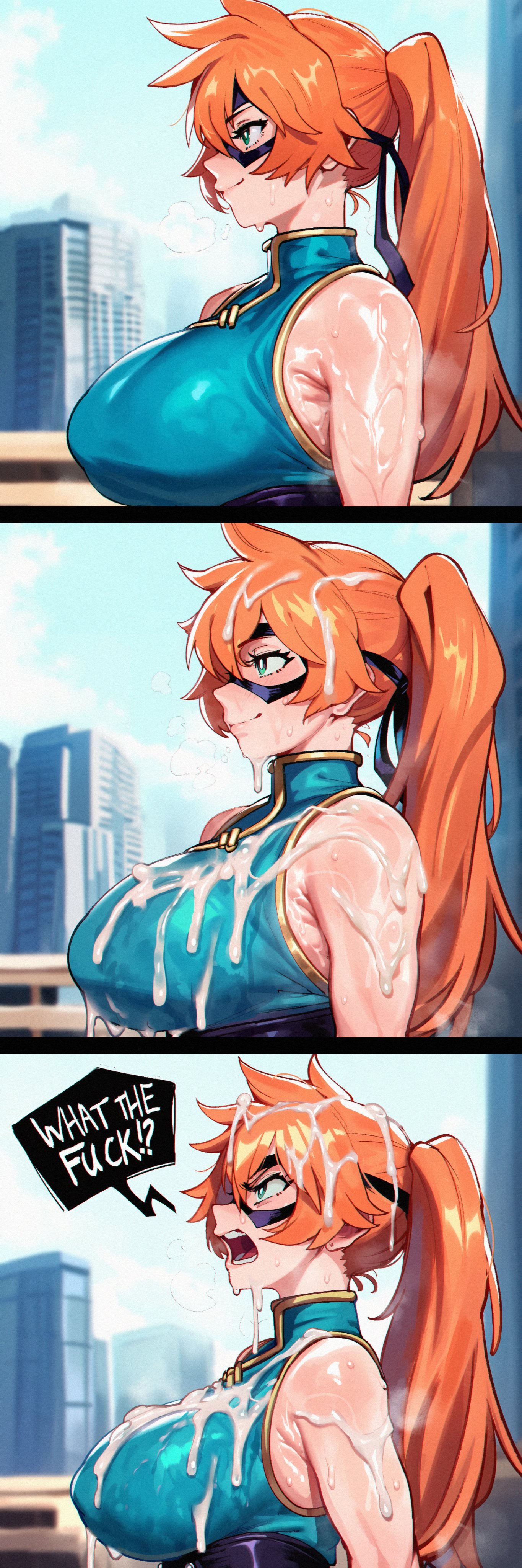 1girls, 2026, ai, ai art, ai generated, angry, armpit crease, bare arms, bare shoulders, beautiful, beautiful body, beauty, big boobs, big breasts, blue latex, boku no hero academia, breath, breath cloud, breathing, breathing heavily, city, city background, closed mouth, clothed, clothed female, cum, cum on arm, cum on breasts, cum on cleavage, cum on clothes, cum on face, cum on hair, cum rain, curvaceous, curvaceous body, curvaceous female, curvaceous figure, curves, curvy, curvy body, curvy female, curvy figure, curvy hips, english, english text, excessive cum, excessive genital fluids, female, female focus, female only, fit, fit female, genlation, green eyes, hero, hero outfit (mha), heroine, hot, hourglass figure, huge breasts, itsuka kendou, itsuka kendou (hero outfit), kendou itsuka, large breasts, latex, latex bodysuit, latex clothing, latex suit, light skin, light-skinned female, mask, my hero academia, offscreen masturbation, open eyes, open mouth, orange hair, orange-haired female, panels, ponytail, sequence, sexy, sexy body, simple background, smile, solo, solo female, solo focus, speech bubble, standing, steam, steaming, steaming body, steamy, steamy breath, sweat, sweatdrop, sweating, sweaty, sweaty body, text, text bubble, tight clothing, uncensored, up view, upper body, upper body focus, upper body only, visible breath