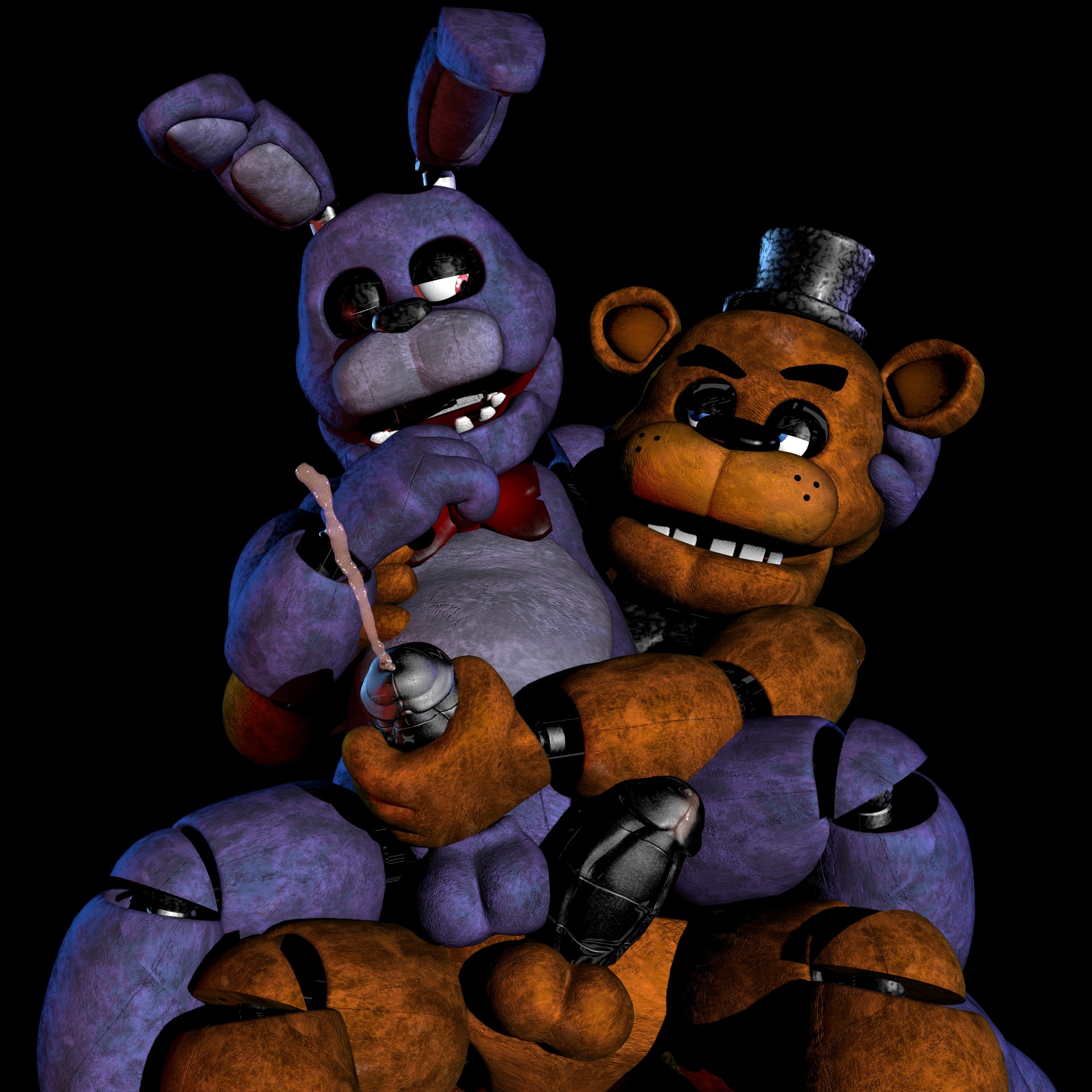 2boys, 3d, 3d (artwork), 3d artwork, accurate art style, animatronic, animatronic male, bear, bonnie (fnaf), bowtie, bunny, children, cum, cumming, ejaculating, ejaculation, ffp3d, five nights at freddy's, freddy (fnaf), freddy fazbear, freddyxbonnie, furry, furry bear, furry bunny, gay, hat, jerking, jerking off another, jerkingoff another, looking at each other, male, male only, male/male, masculine, on model, romantic, semen, style parody, tagme, wholesome, yaoi