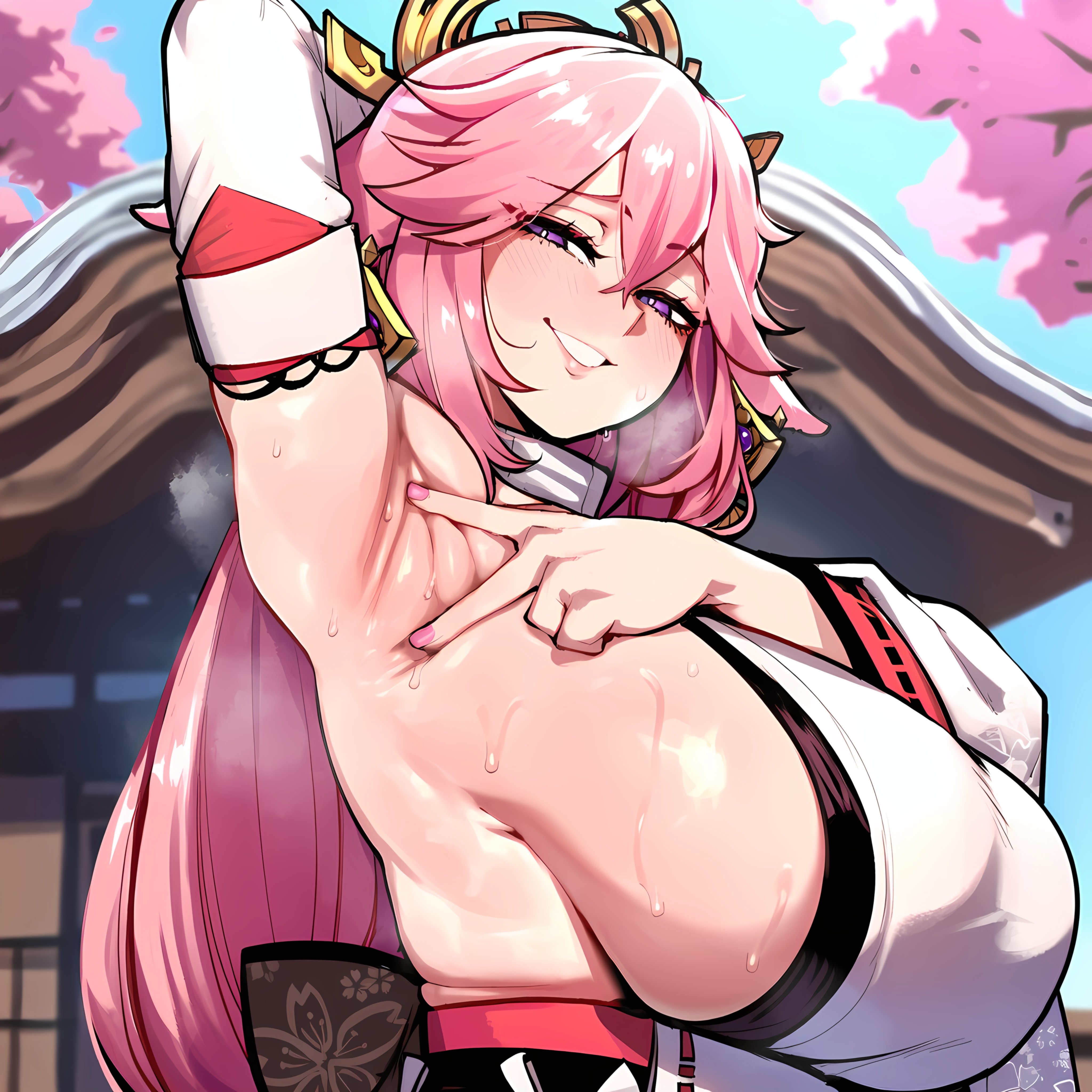 1girls, 2026, ai, ai art, ai generated, armpit, armpit fetish, armpit peek, armpits, arms up, aureola, bare shoulders, big breasts, blurry background, breasts, breasts bigger than head, cleavage, close-up, clothed, clothed female, covered nipples, curvaceous, curvaceous body, curvaceous female, curvaceous figure, curves, curvy, curvy body, curvy female, curvy figure, detached sleeves, earrings, female, female focus, female only, focus, fox ears, fox tail, genlation, genshin impact, gold accessories, hair, hair between eyes, hoyoverse, kimono, large breasts, light skin, light-skinned female, long hair, looking at viewer, looking down, mihoyo, pink hair, presenting armpit, purple eyes, red white clothing, showing armpits, shrine maidens outfit, side boob, simple background, smile, smiling, smiling at viewer, solo, solo female, solo focus, standing, steam, steaming body, steamy armpits, steamy breath, sweat, sweatdrop, sweating, sweaty, sweaty breasts, thick thighs, uncensored, upper body, voluptuous, voluptuous female, wet, wet armpit, wet body, wide hips, yae miko, yae miko (genshin impact)