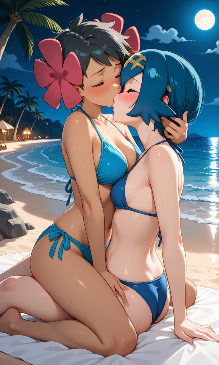 2girls, ai generated, beach, lana (pokemon), moonlight, phoebe (pokemon), pokemon, tan skin, yuri