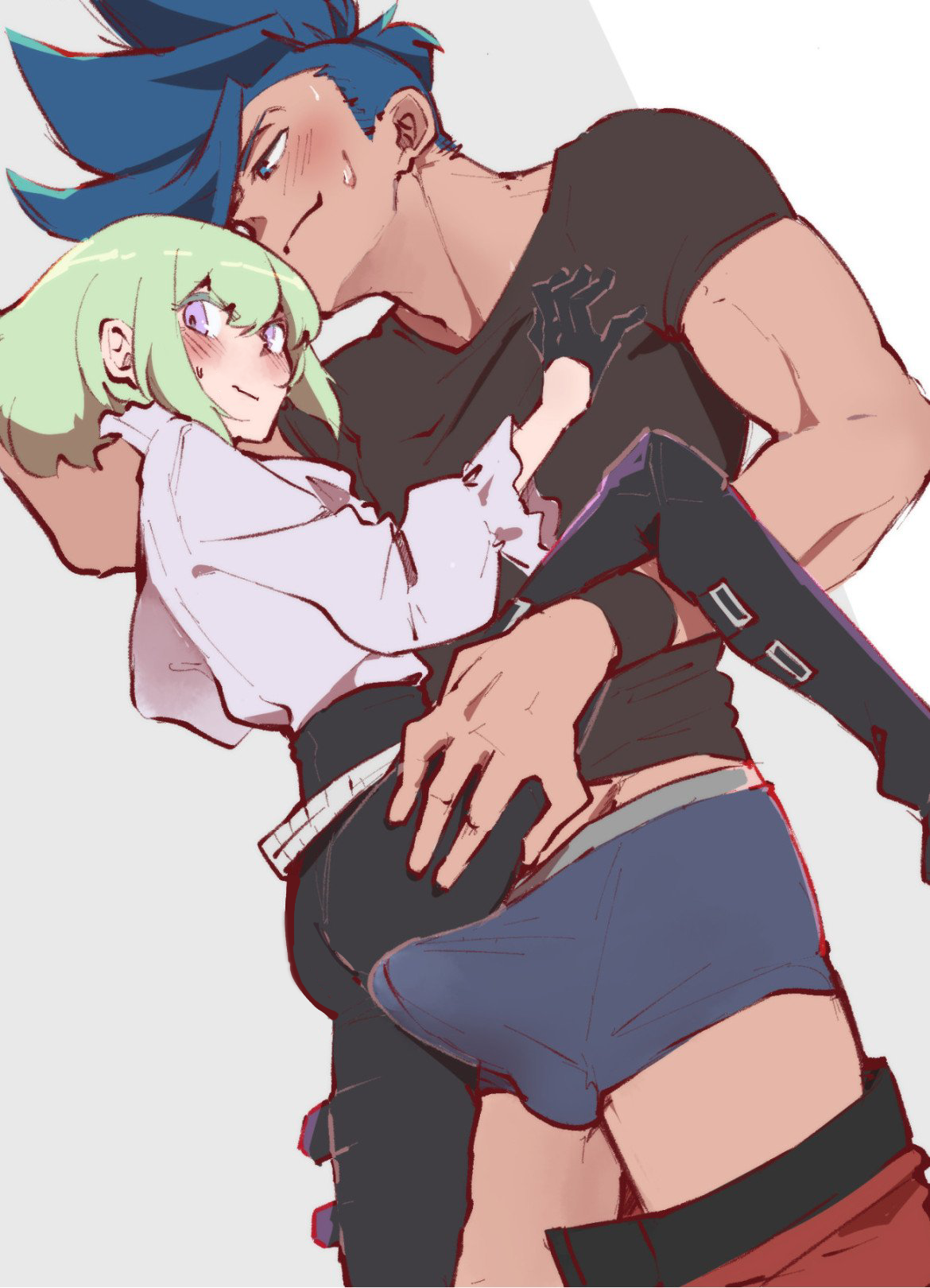 2boys, androgynous, ass grab, aus vaka, blush, boner, bulge, bulge through clothing, clothed, clothing, embarrassed, femboy, galo thymos, gay, gay sex, imminent penetration, imminent sex, lio fotia, male, nervous, petite, petite body, petite male, promare, size difference, slim, slim male, slim waist, tight clothing, tight pants, twink, yaoi