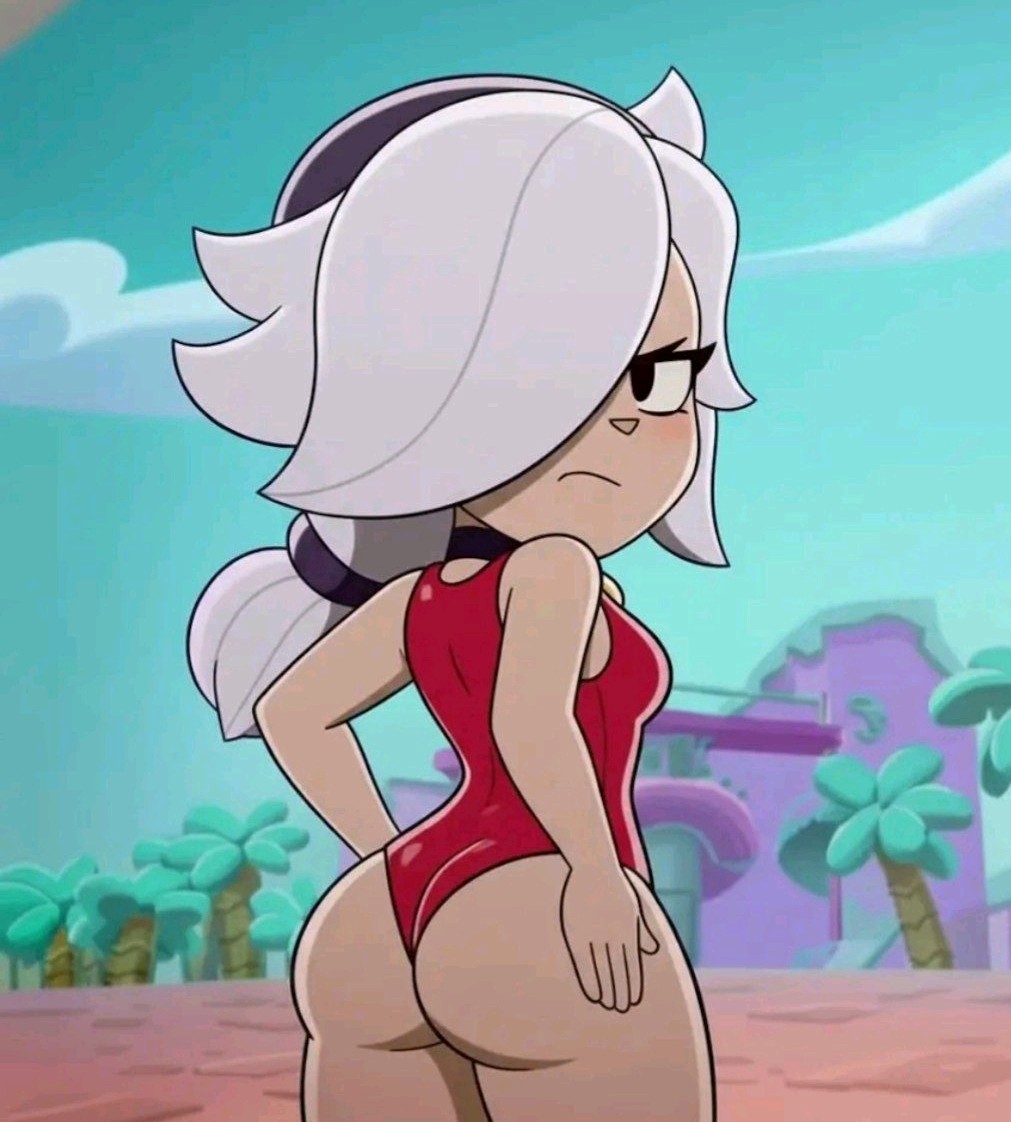 ai generated, angry expression, ass focus, ass grab, brawl stars, colette (brawl stars), nervous female, red swimsuit, spread ass, swimsuit colette (brawl stars), white hair