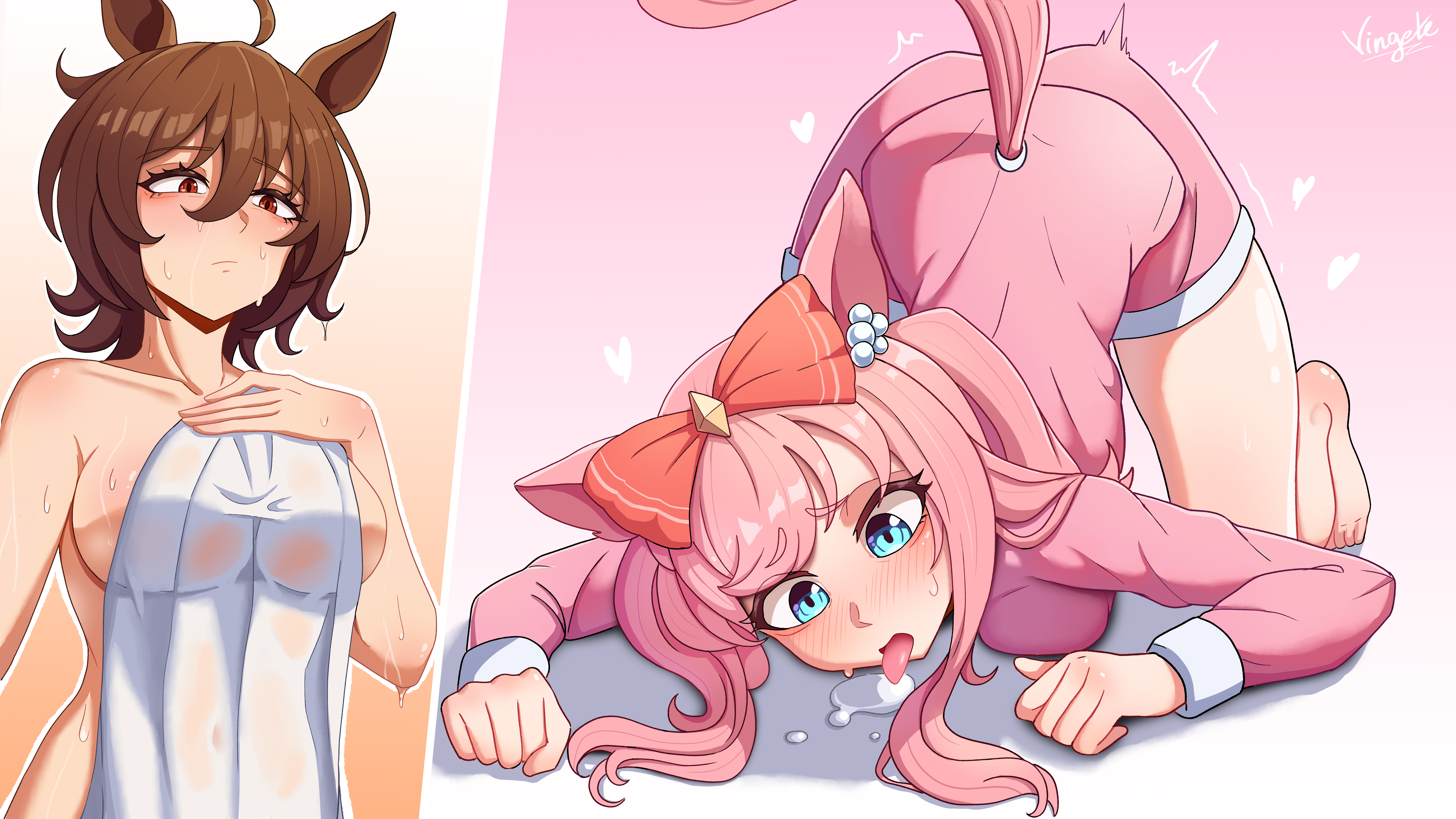 2girls, agnes digital (umamusume), agnes tachyon (umamusume), ahoge, animal ears, blush, breasts, brown hair, female only, tail, towel, towel only, umamusume, umamusume pretty derby, vingete