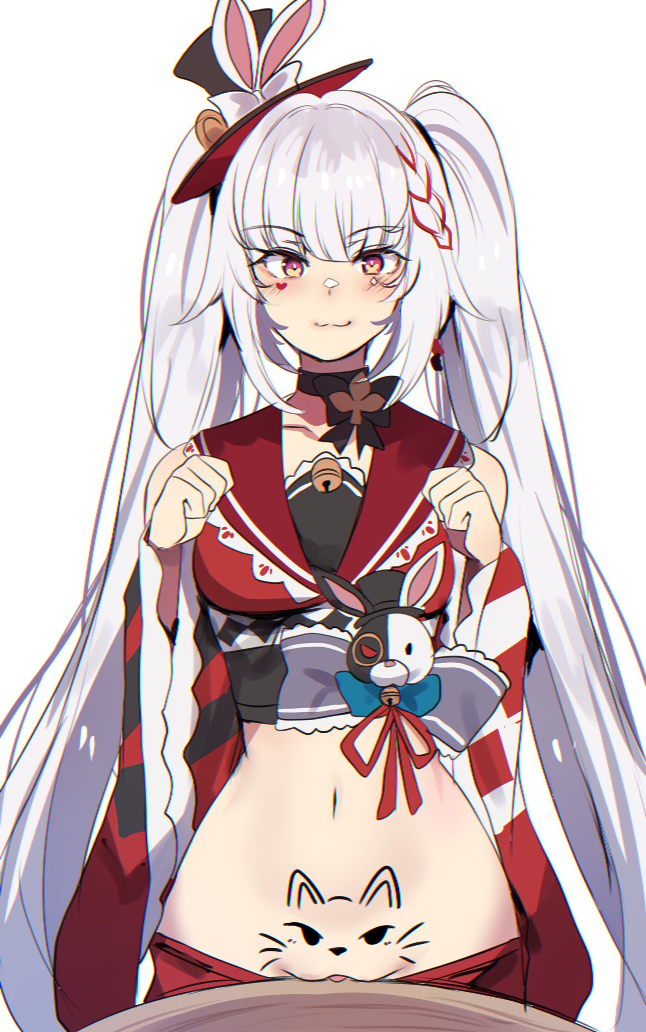 black choker, black hat, braid, breasts, choker, clitoral hood, do you want to pet my cat (meme), drawing on self, drawn on eyes, drawn whiskers, facial mark, female, hair intakes, hat, heart, heart facial mark, highres, hinghoi, honkai (series), honkai: star rail, long hair, looking at viewer, meme, mons pubis, multicolored hair, pink eyes, pussy, pussy-cat (meme), simple background, smile, solo, sparkle (honkai: star rail), sparxie (honkai: star rail), stomach, streaked hair, top hat, twintails, white background, white hair