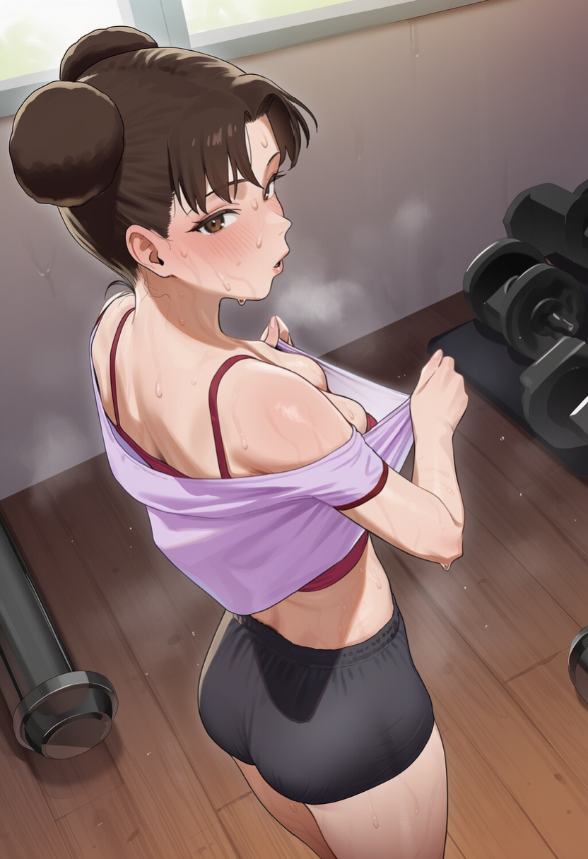 1girls, after exercise, ai generated, alternate costume, arm support, ass, ass focus, athletic, athletic female, big ass, bike shorts, blouse, breasts, cleavage, double bun, exhausted, gym, hair bun, half-closed eyes, high resolution, huge ass, indoors, kunoichi, light skin, light-skinned female, long hair, looking at viewer, looking back, medium breasts, naruto, naruto (series), naruto shippuden, ninja, official alternate costume, petite, pinup, pulled by self, rear view, round ass, sexually suggestive, shirt pull, shorts, steam, steaming body, suggestive, sweat, sweatdrop, sweating, sweaty, taking clothes off, tank top, tenten, thick thighs, thighs, tired, training, twin buns, undressing, voluptuous, wiping sweat, workout clothes
